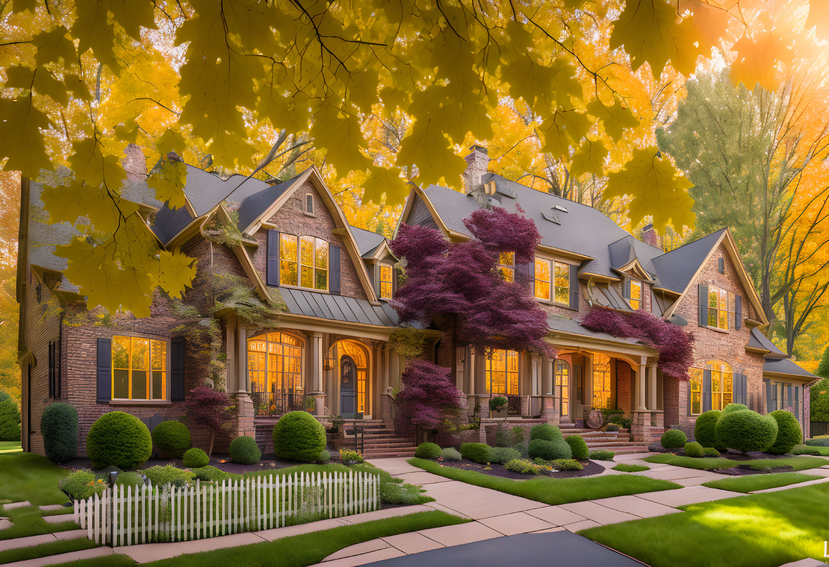 Spacious brick house with gabled roofs in fall setting