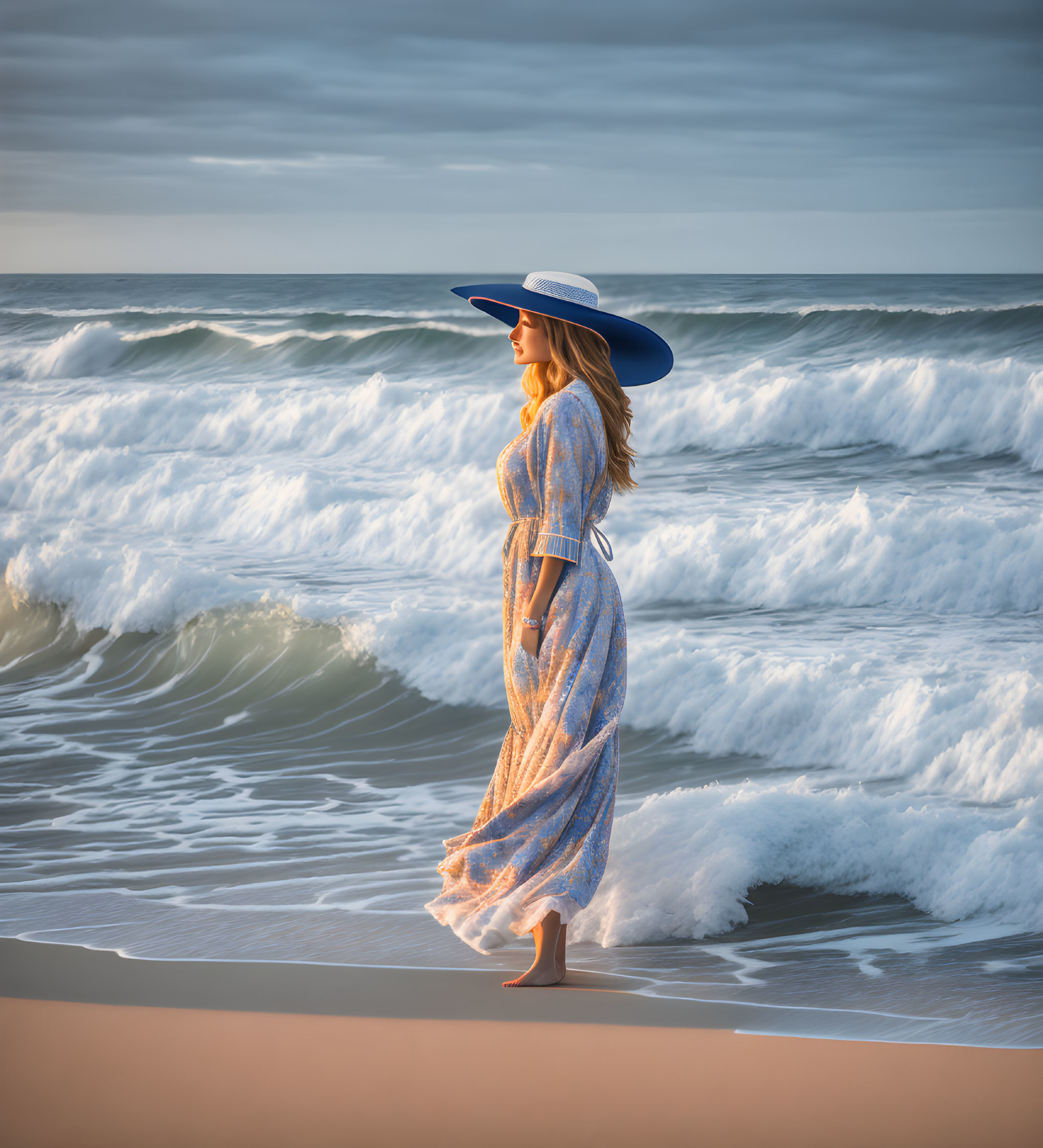 Woman in flowing dress and wide-brimmed hat by the sea under sunlight