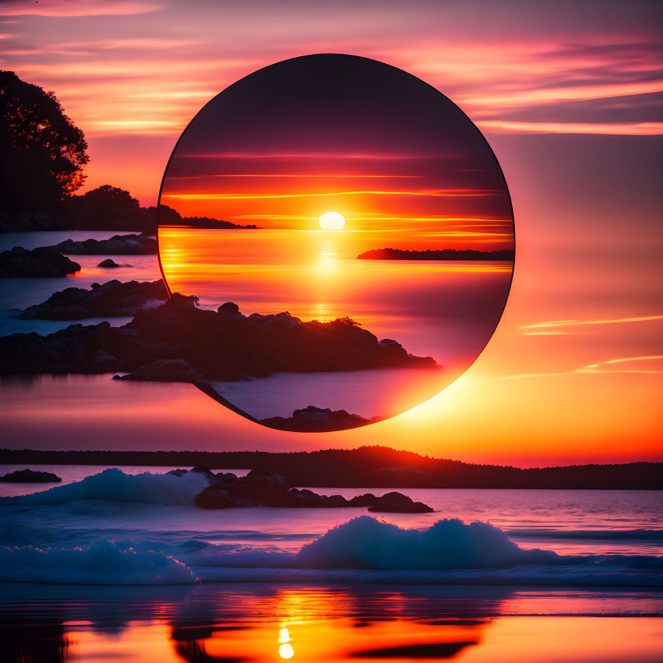 Scenic sunset over calm sea with magnified sun view between rocky silhouettes