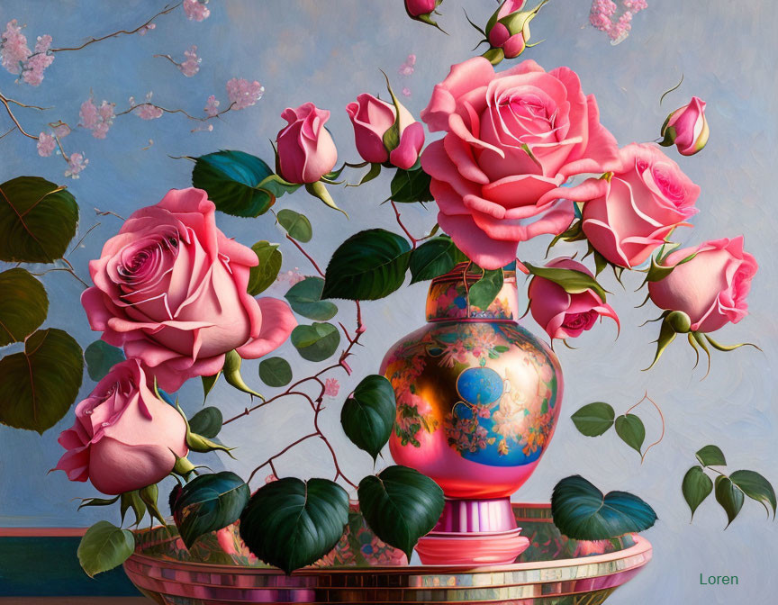 Colorful painting of large pink roses in ornate vase on shelf, set against soft blue backdrop with