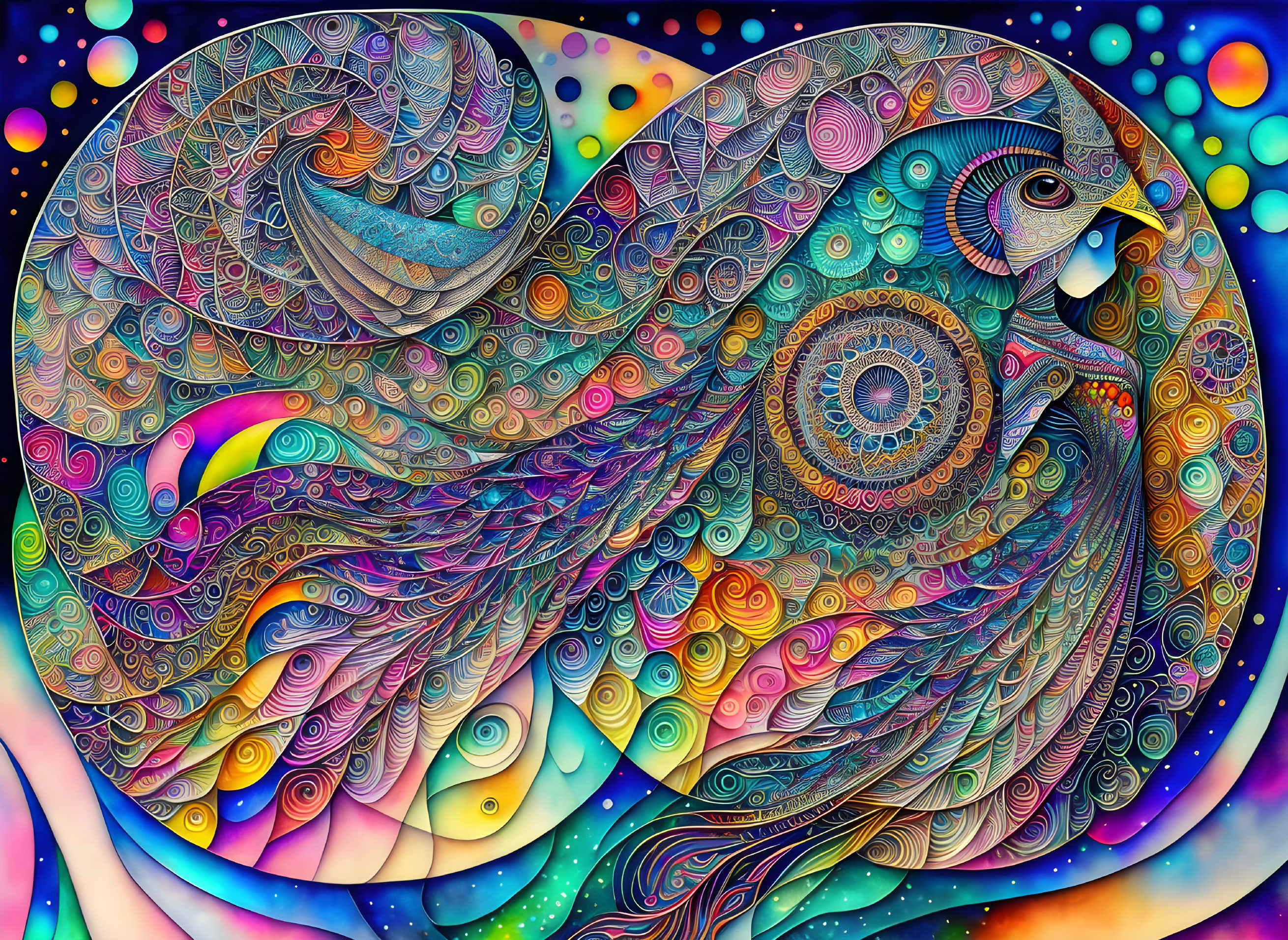 Colorful Peacock Illustration with Psychedelic Patterns & Celestial Background