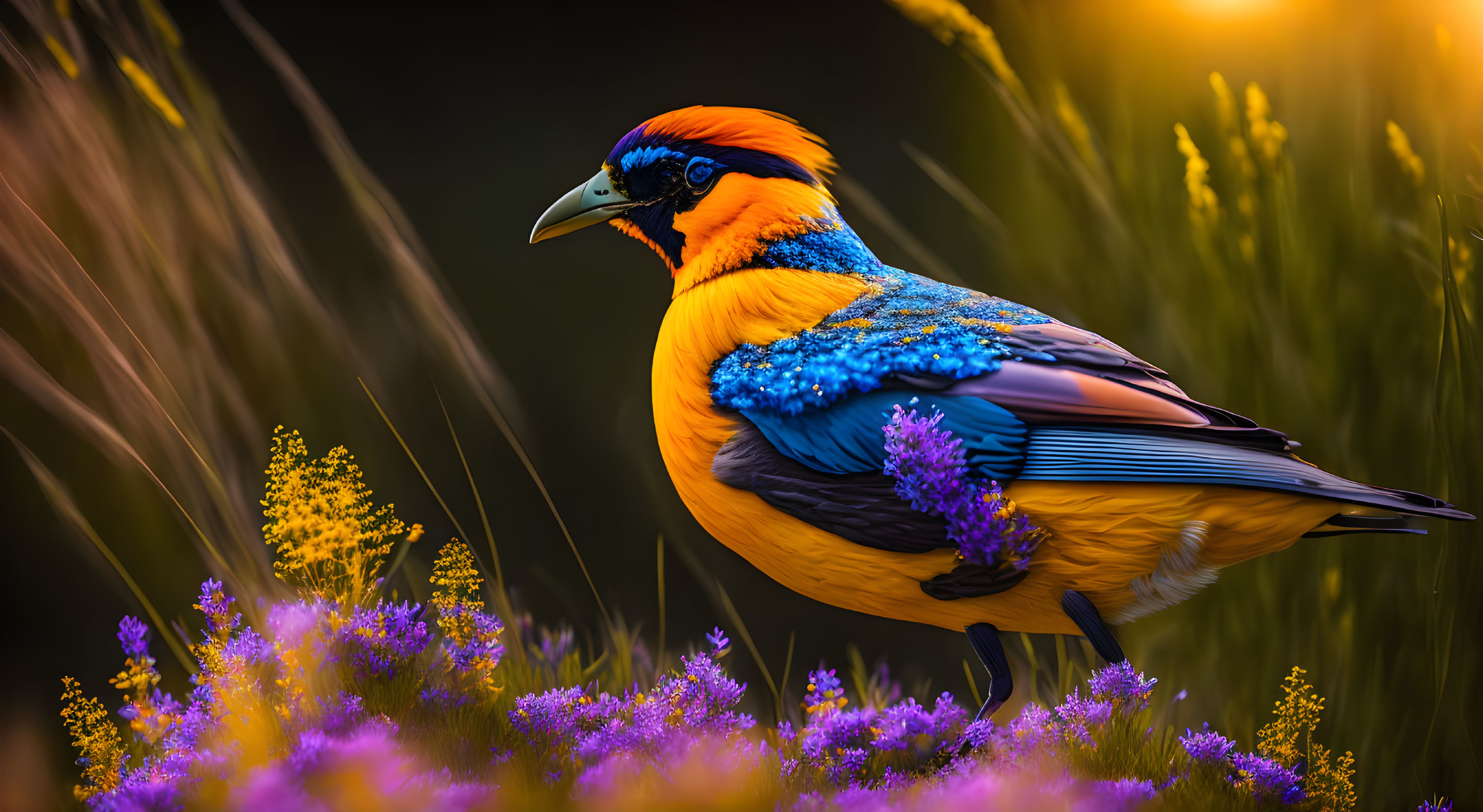 Colorful Bird Among Wildflowers in Soft-focus Setting