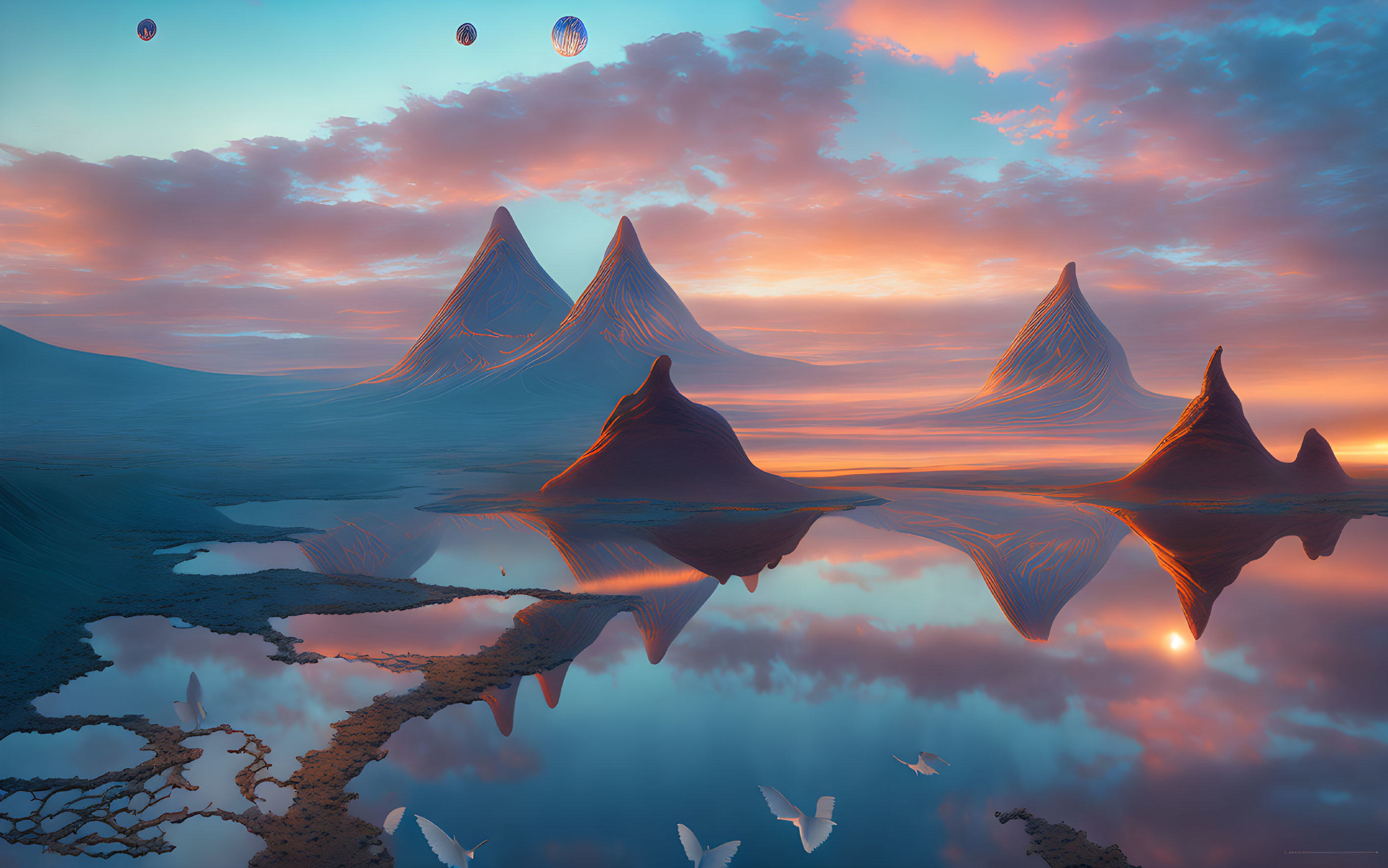 Tranquil landscape with vibrant sunset skies, reflective waters, mountain peaks, floating orbs, and birds