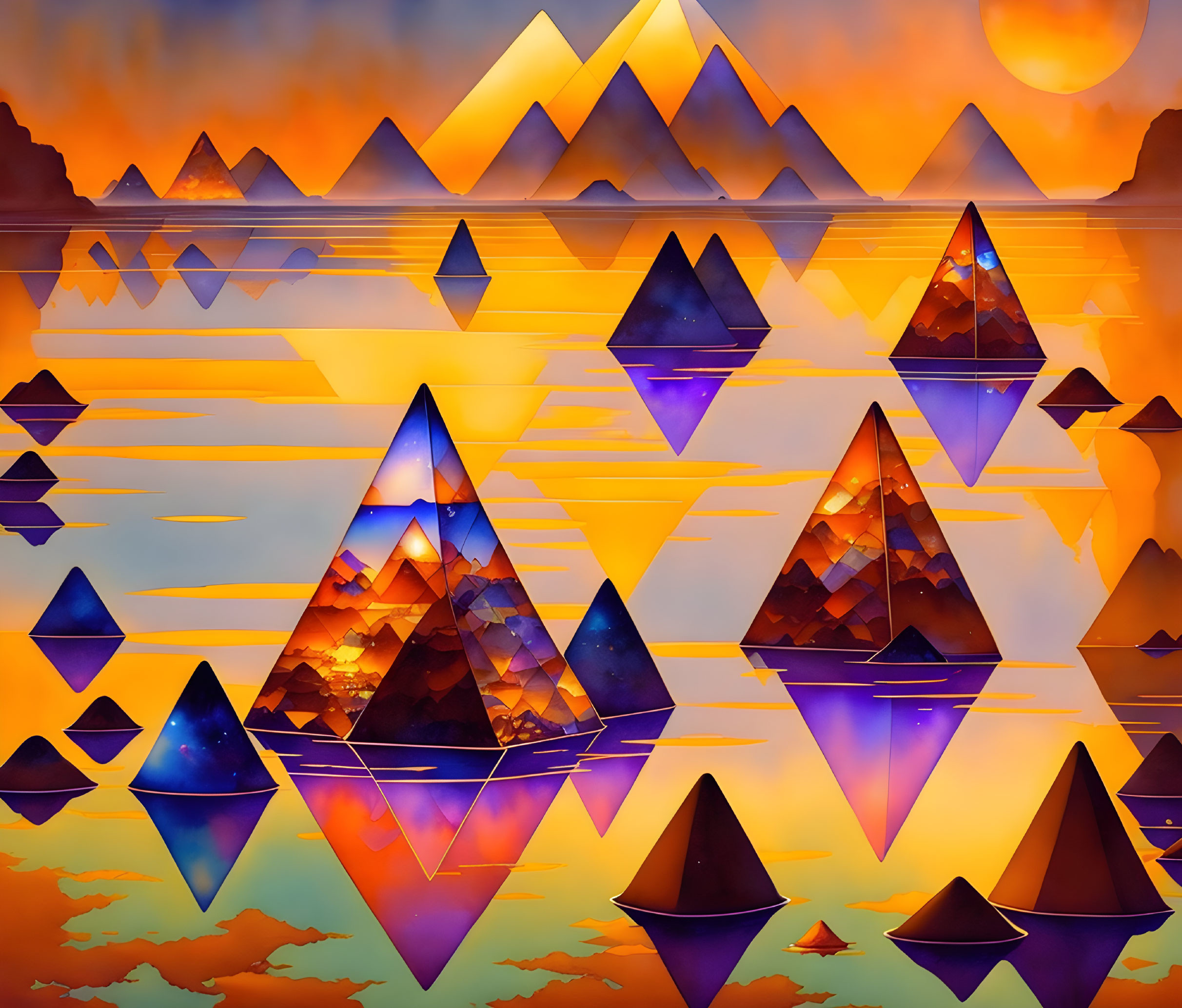 Surreal landscape with mirrored pyramids, amber sky, mountains