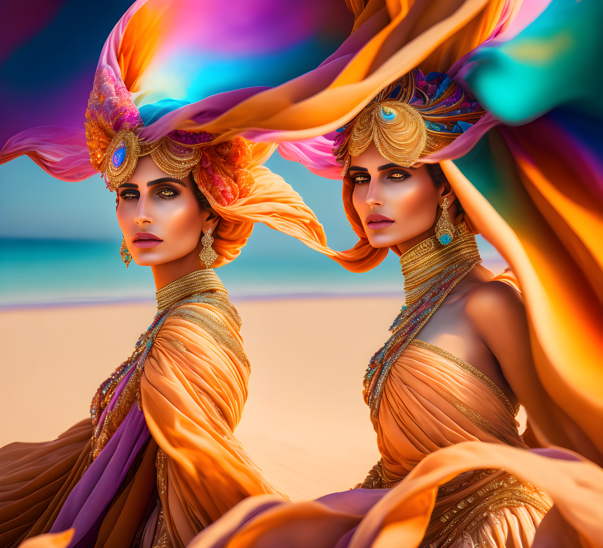 Vibrant women in dramatic headpieces and golden outfits on sandy beach