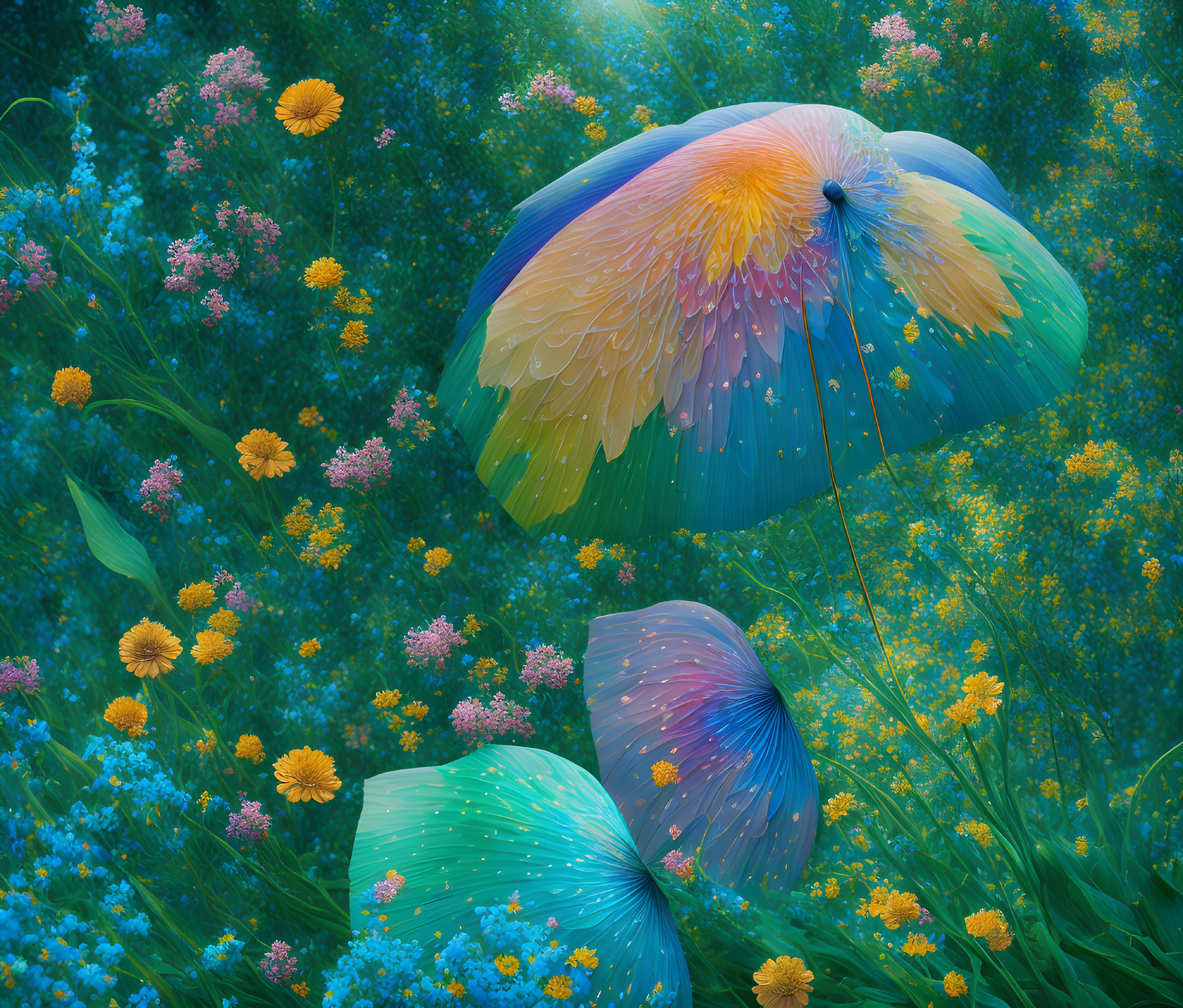 Vibrant wildflowers and greenery with colorful umbrellas and water droplet effect