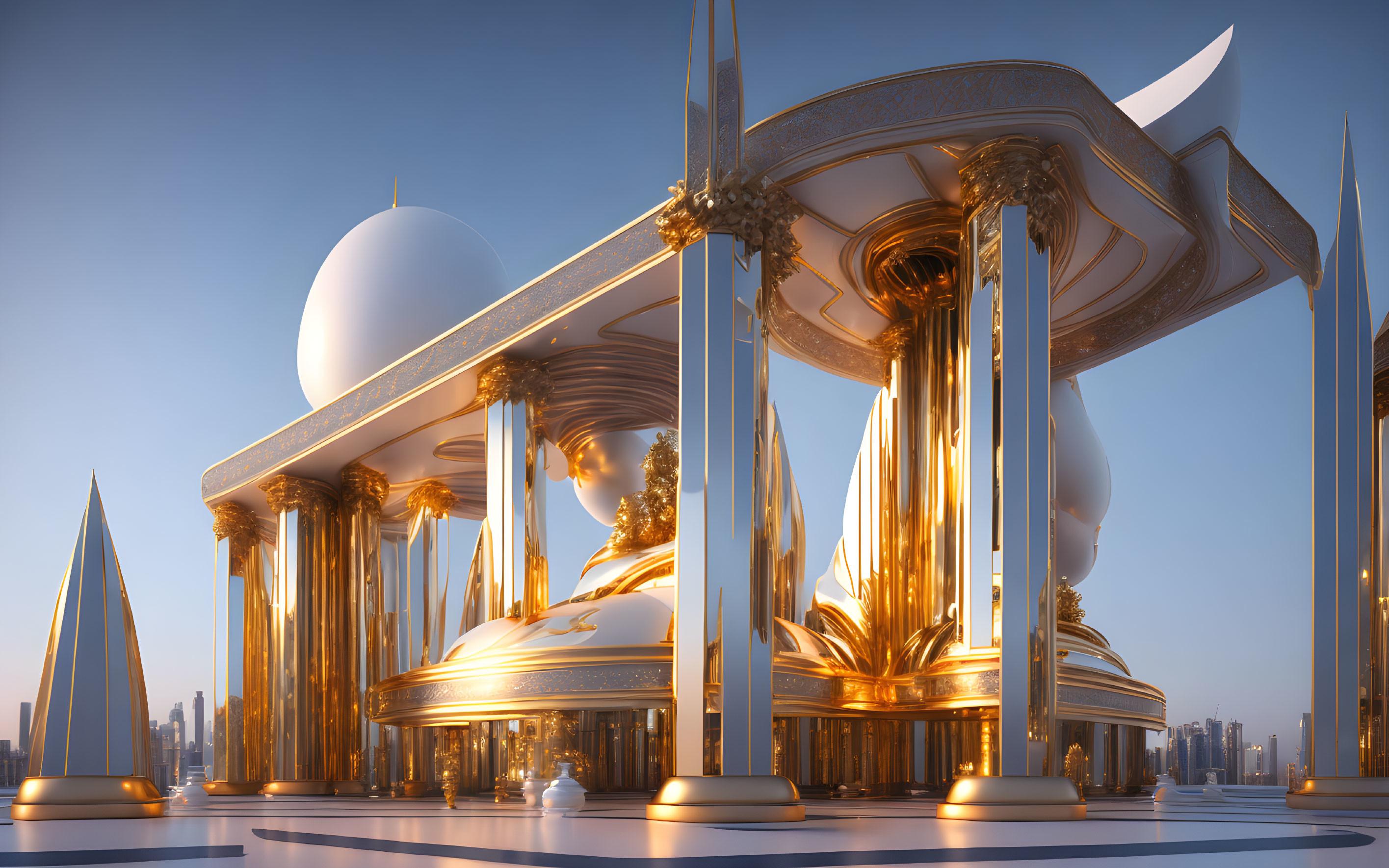 Golden ornate futuristic cityscape against blue sky