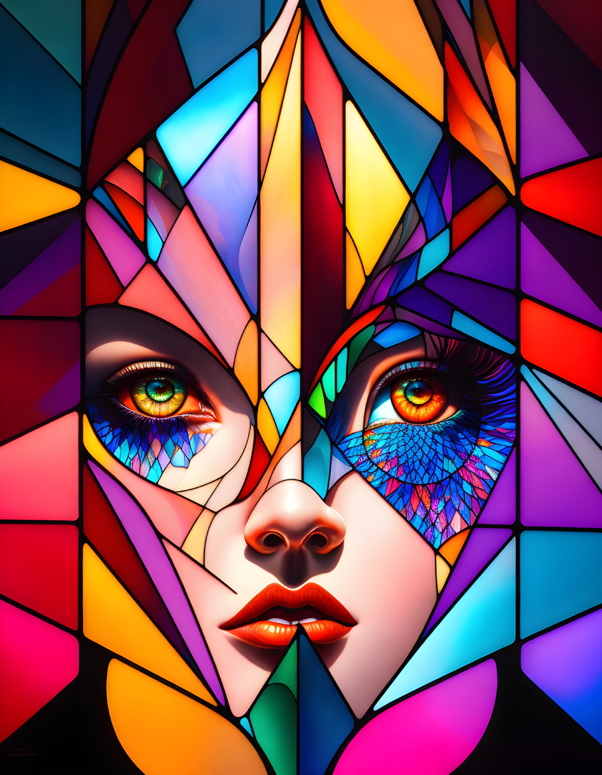 Colorful stained glass-style woman's face illustration with intricate patterns.