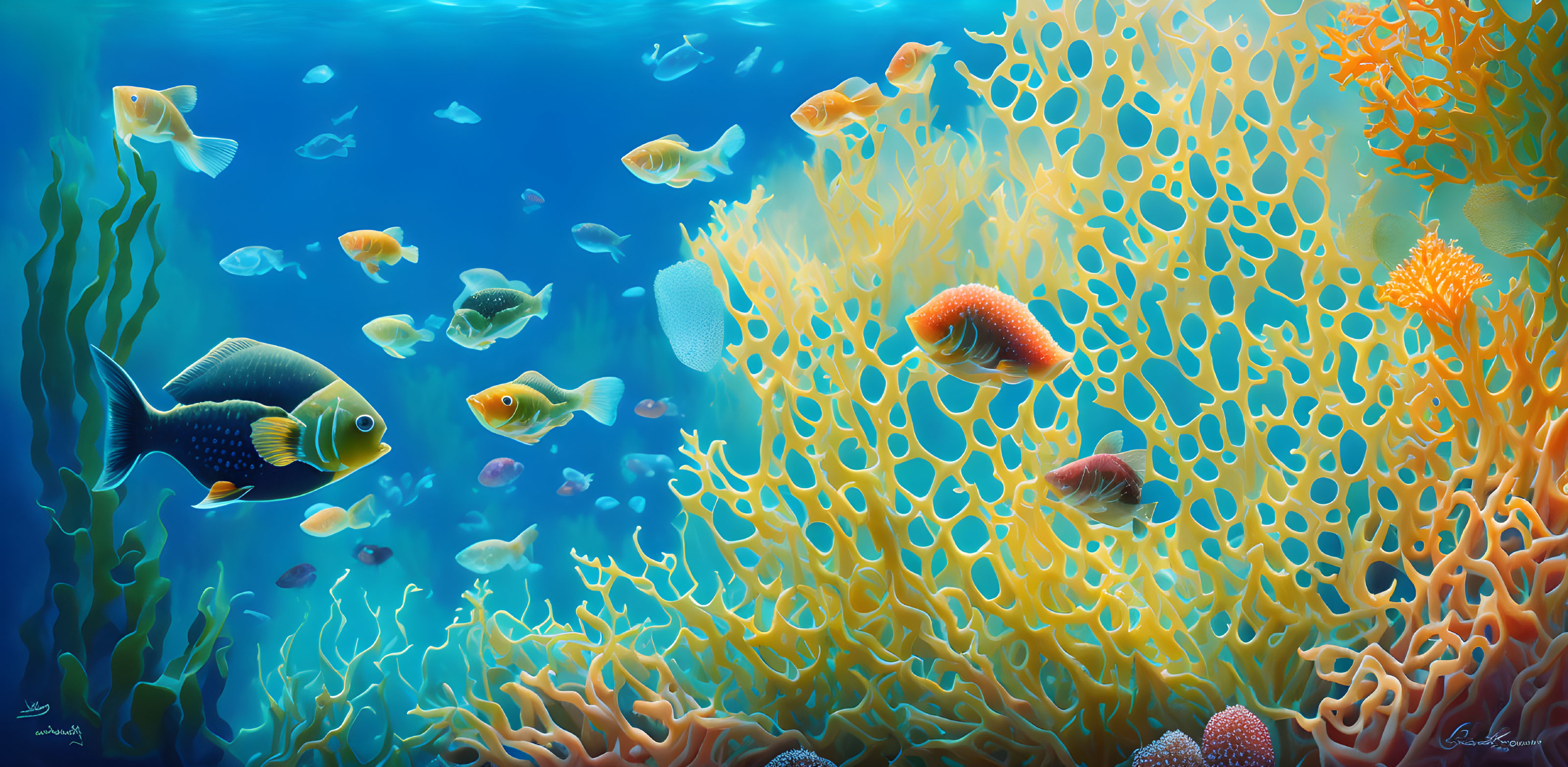 Colorful Tropical Fish and Coral Reefs in Clear Blue Underwater Scene