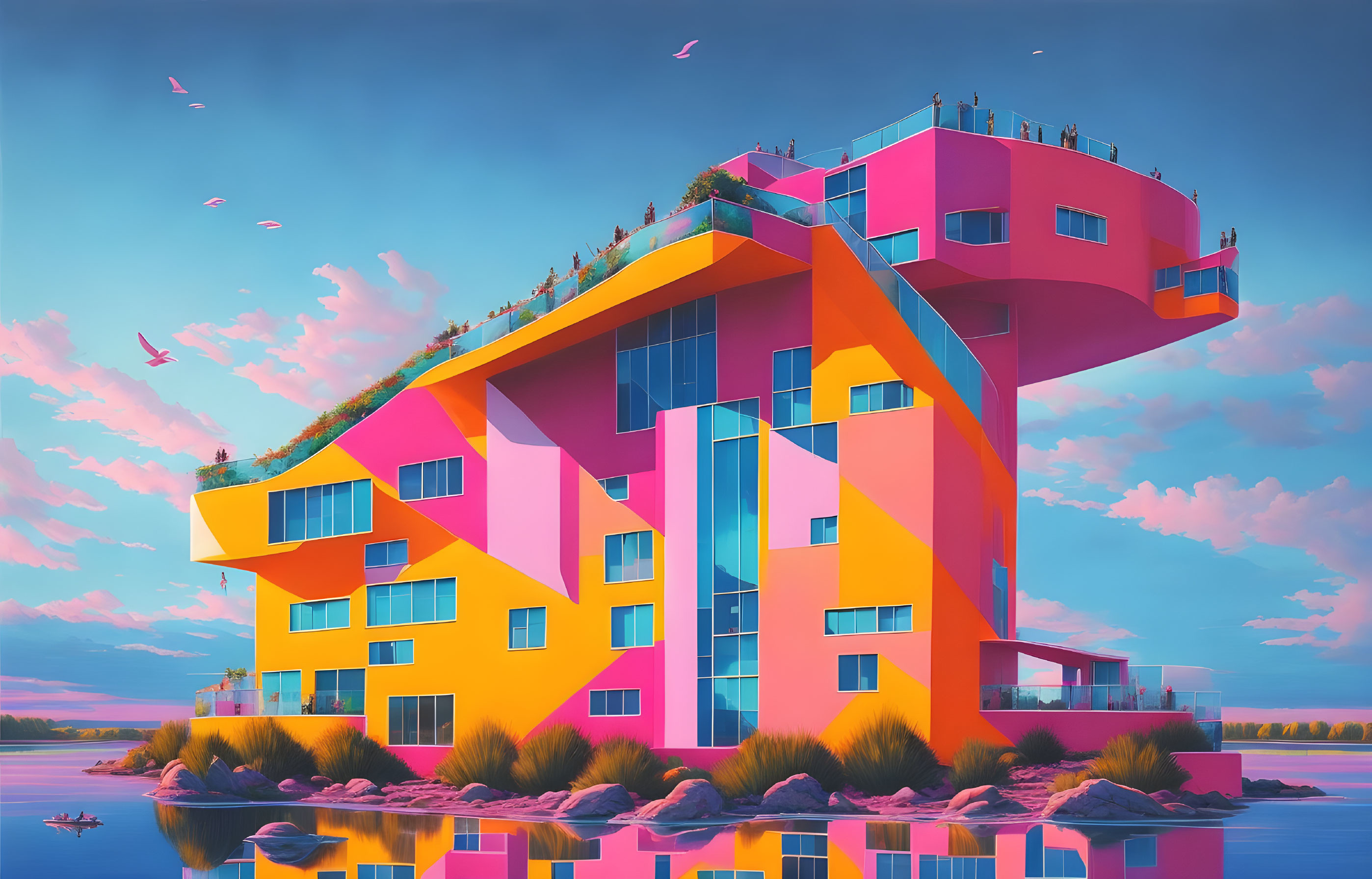 Colorful surreal artwork: angular building by water at sunset