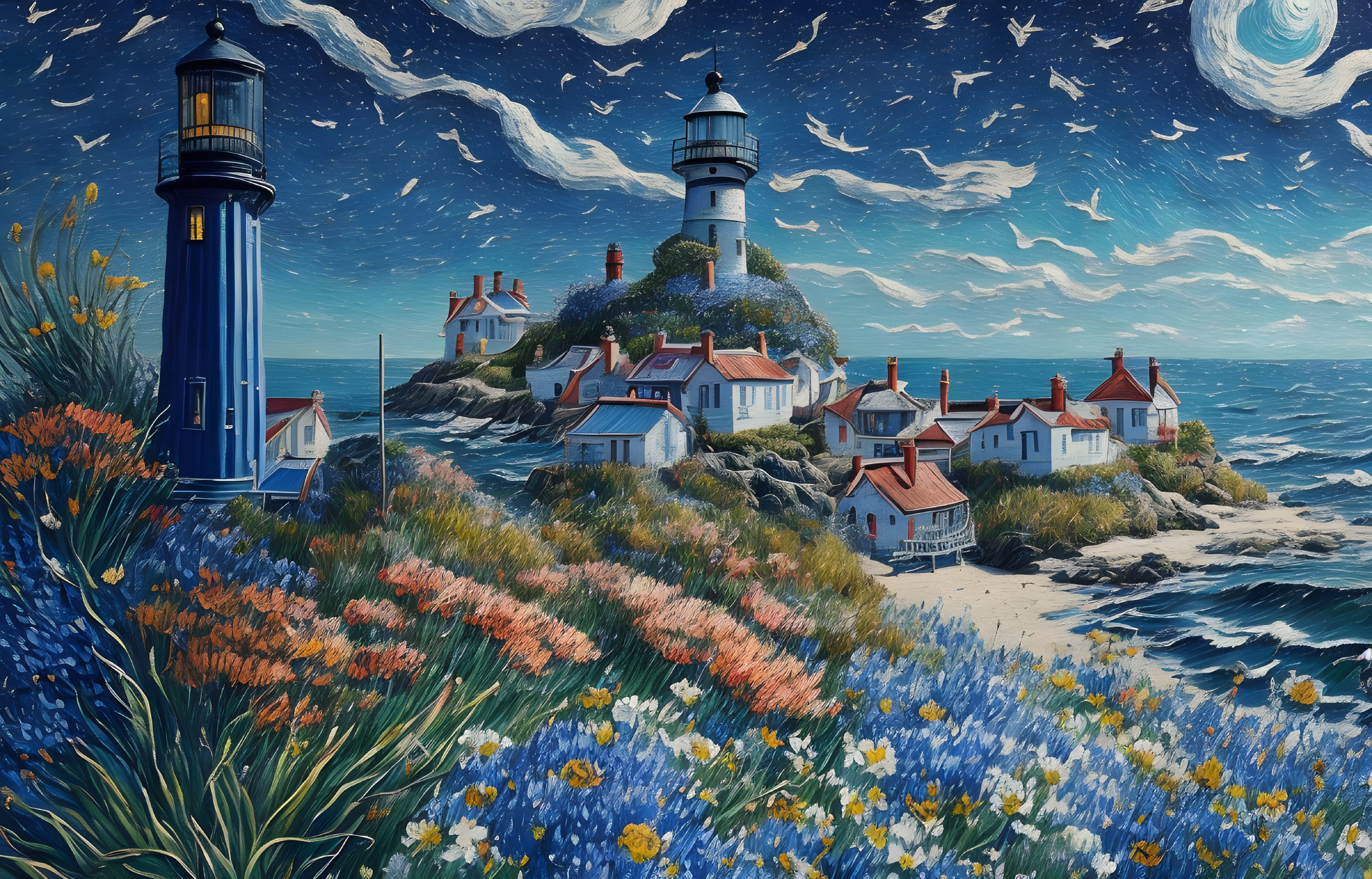 Coastal Village Painting with Lighthouses and Wildflowers