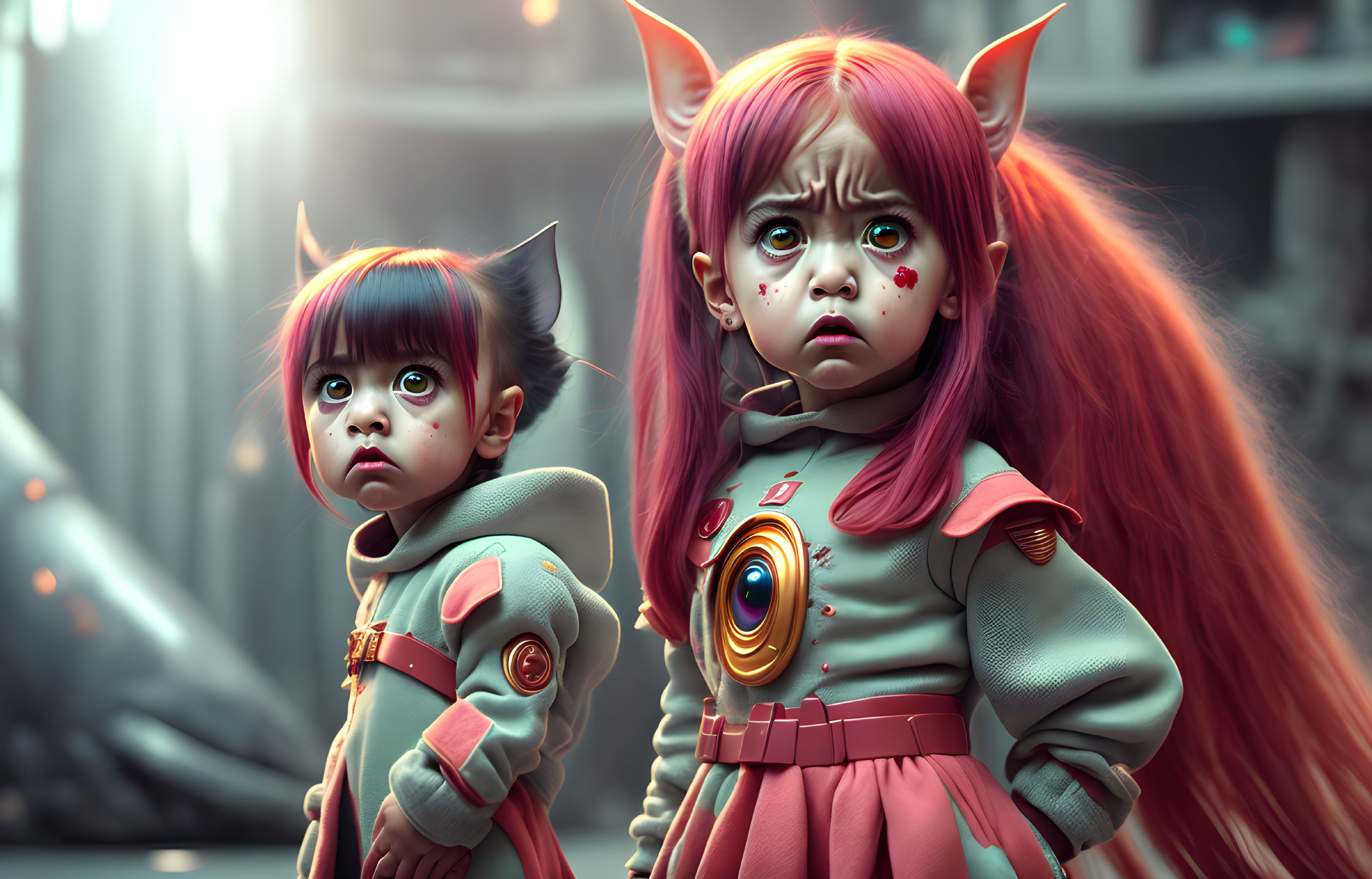 Two animated young girls in futuristic outfits in dimly lit industrial setting