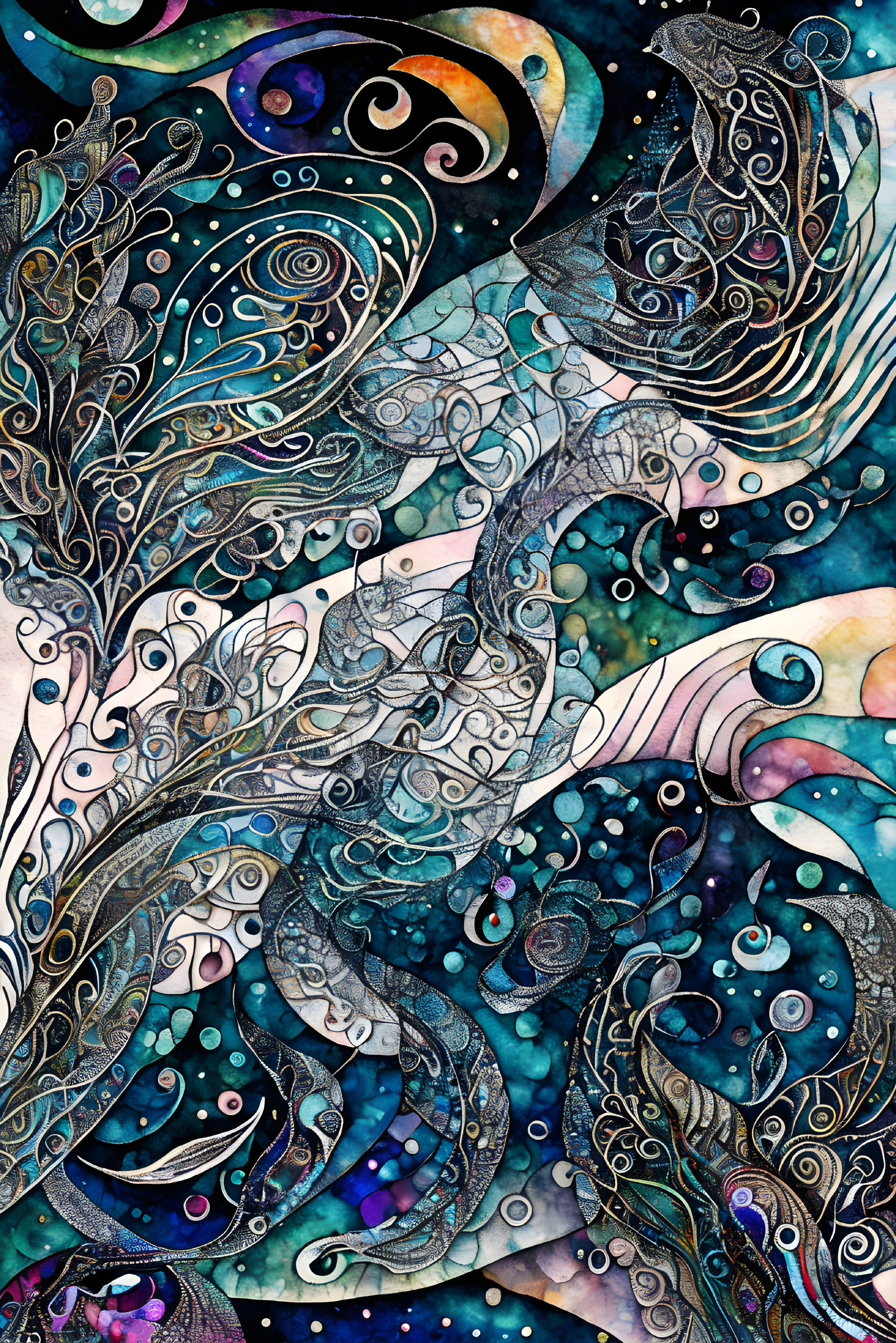 Swirling Blue and Gold Celestial Mosaic Art