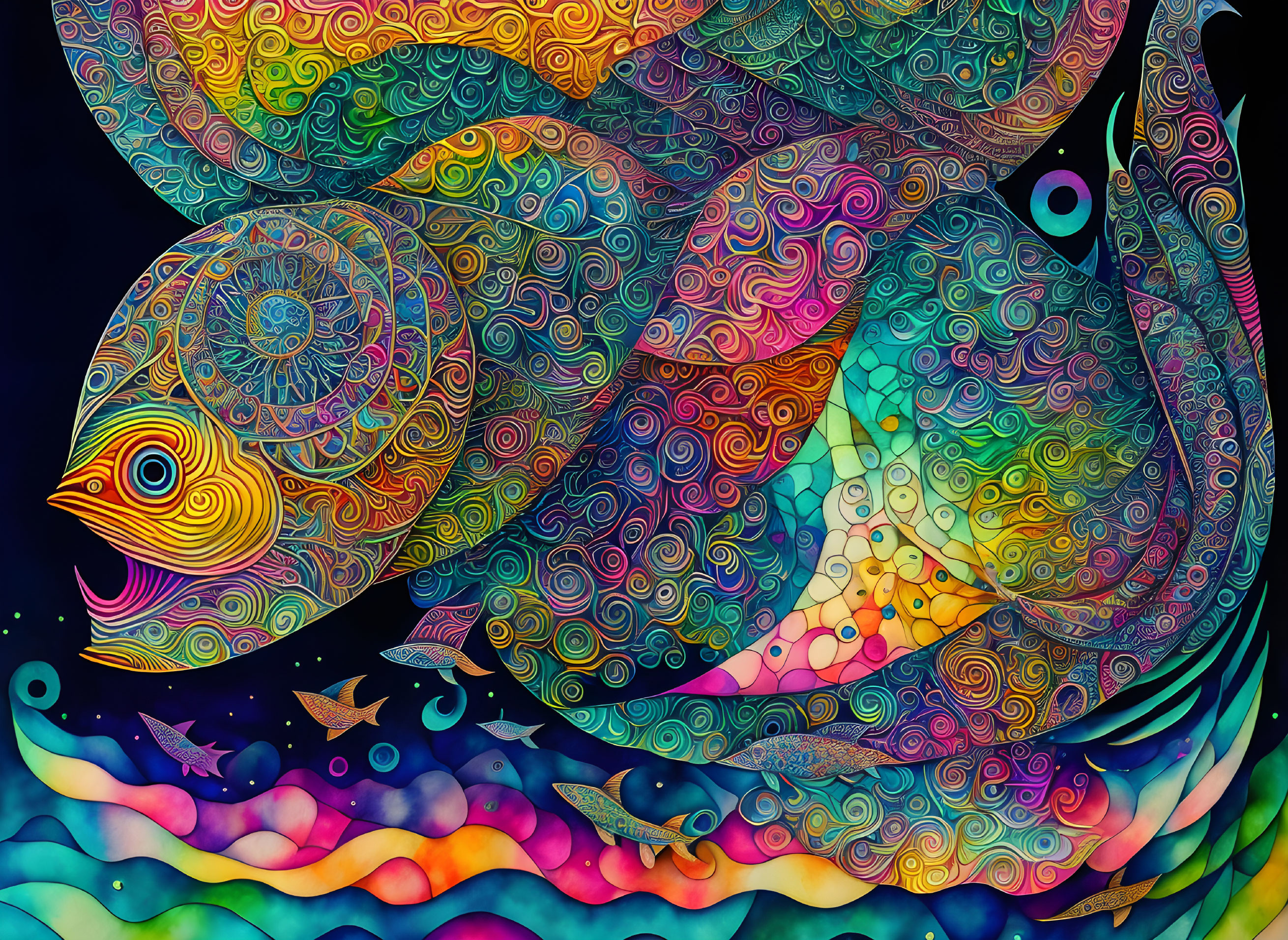 Colorful digital artwork: Ornate fish in abstract aquatic scene