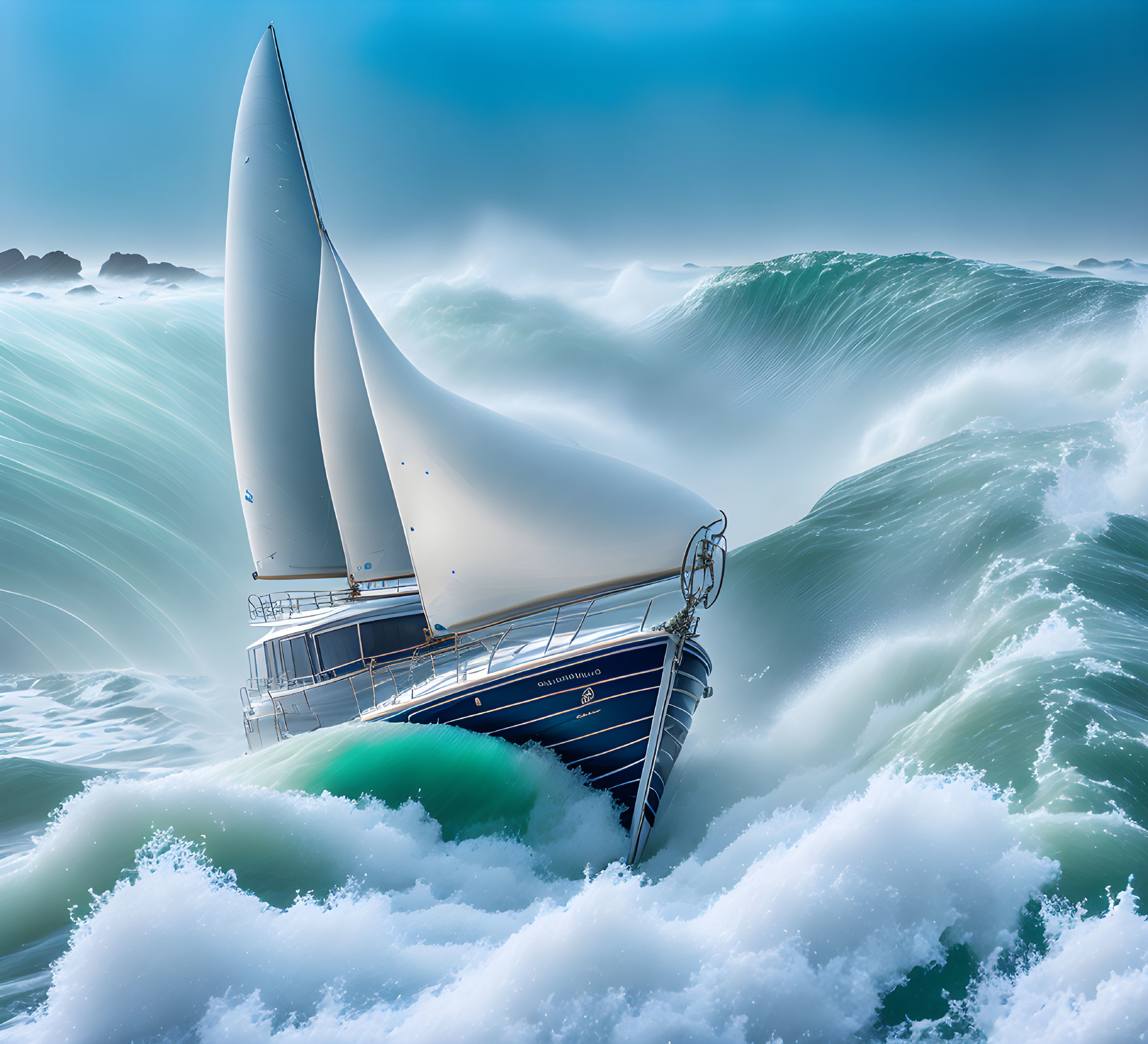 White sail sailboat navigating stormy ocean waves