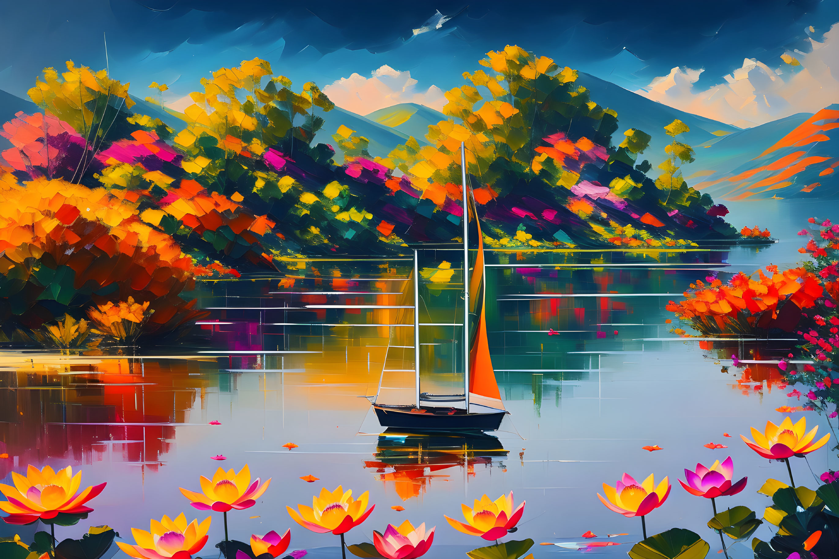 Colorful sailboat painting on calm lake with blooming lilies