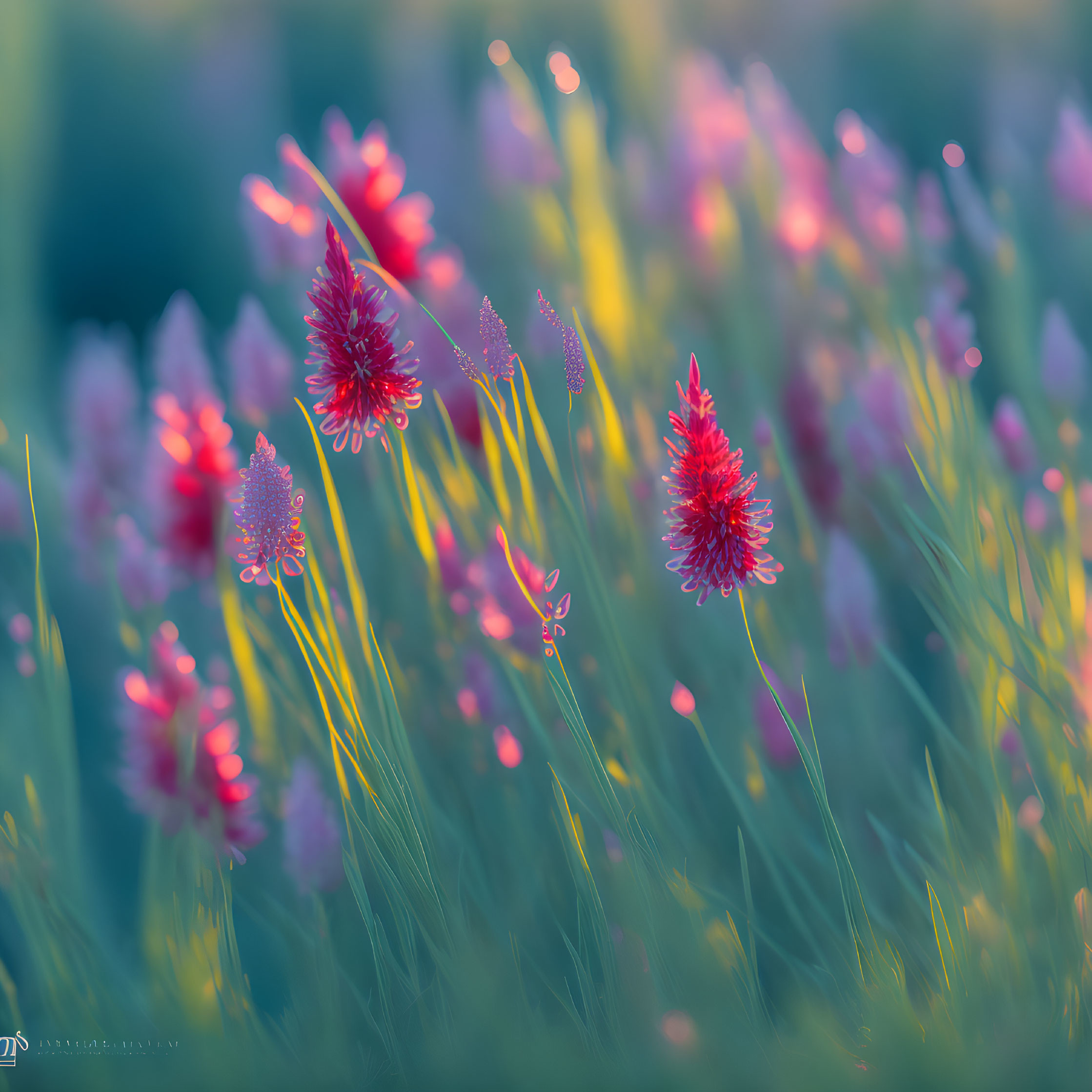 Wildflowers in vivid red and purple under golden sunlight