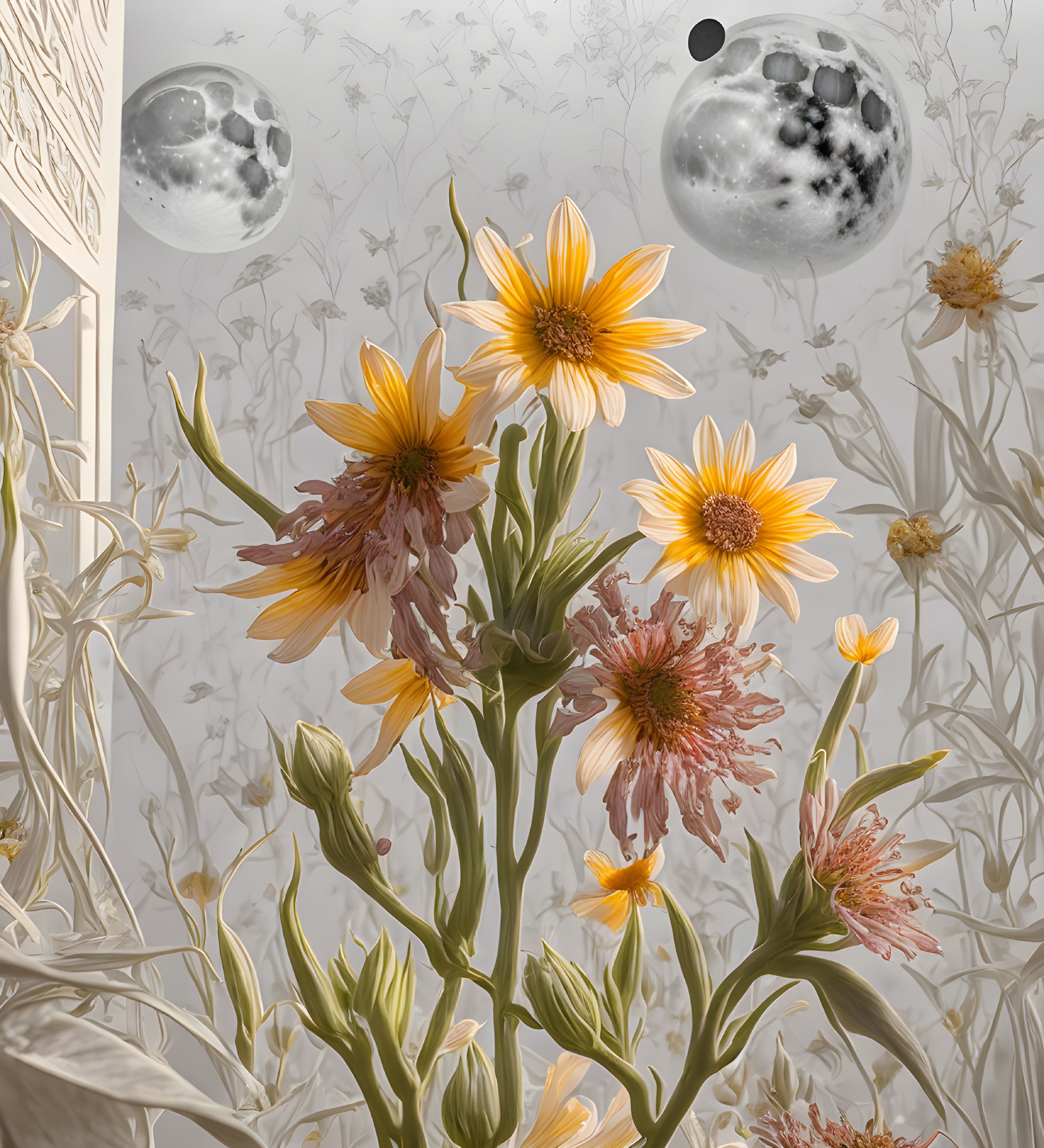 Vibrant yellow flowers in surreal botanical scene