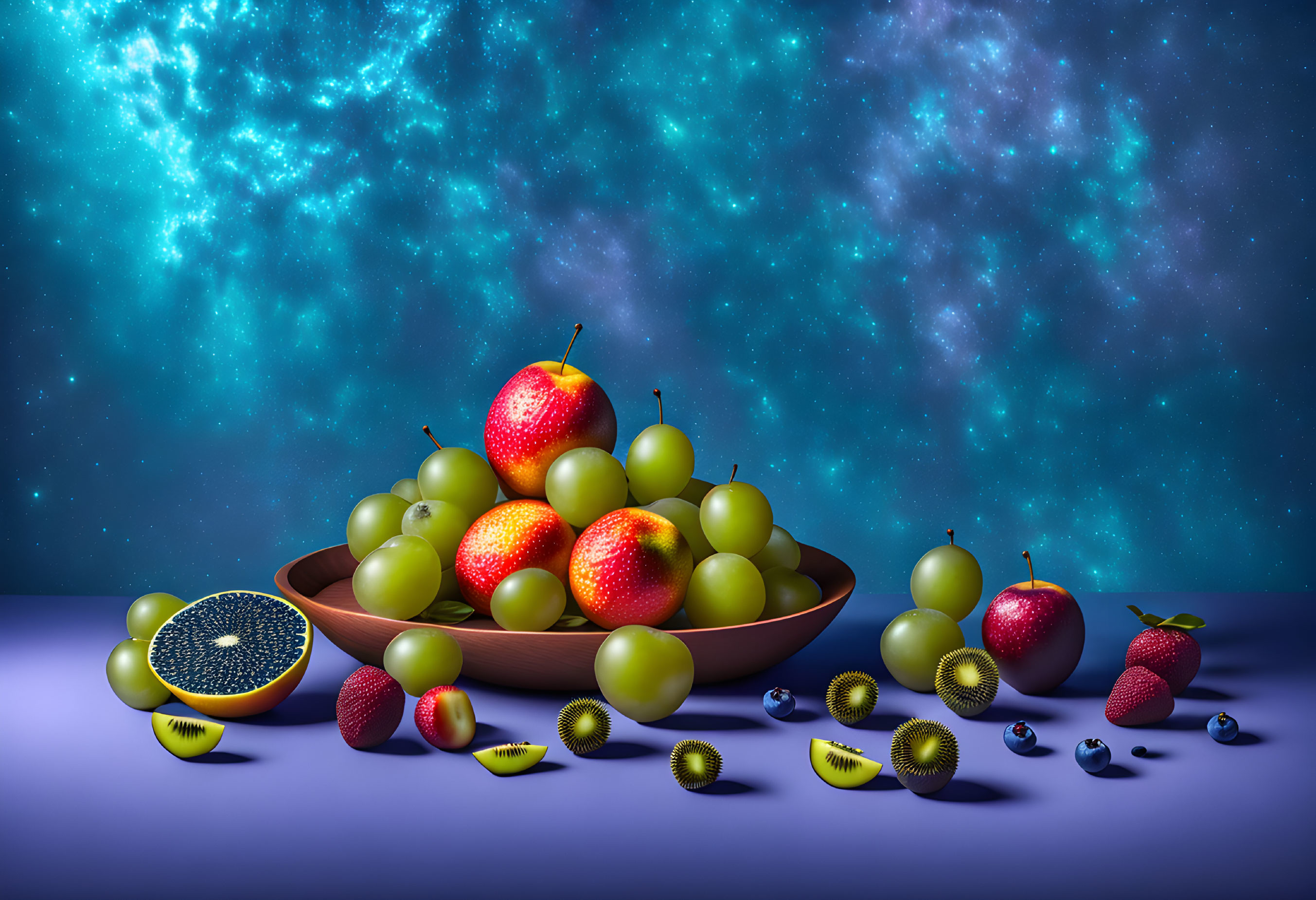 Wooden bowl with assorted fruits under starry night sky and cut fruits around it