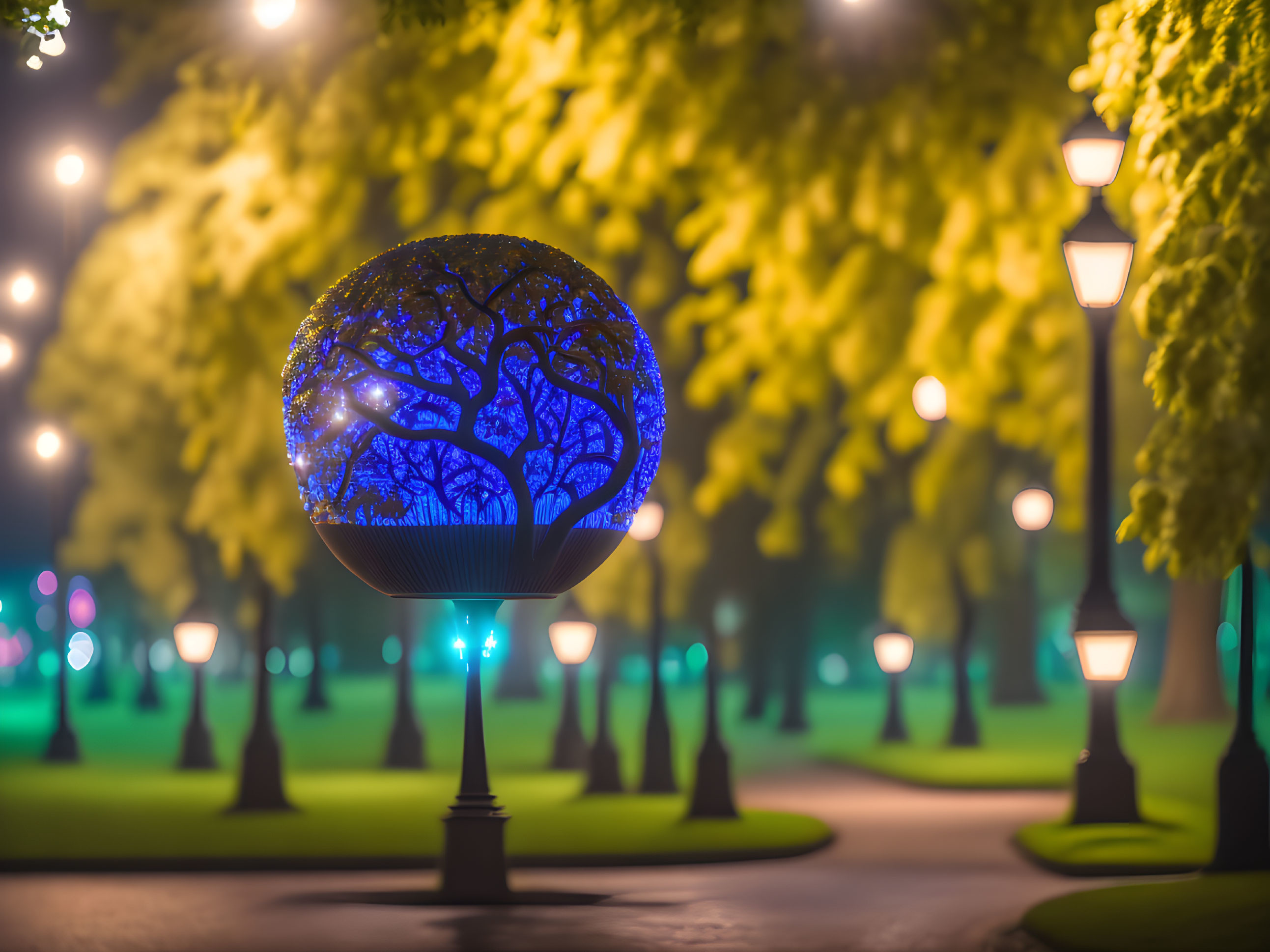 Illuminated spherical tree sculpture in magical evening setting