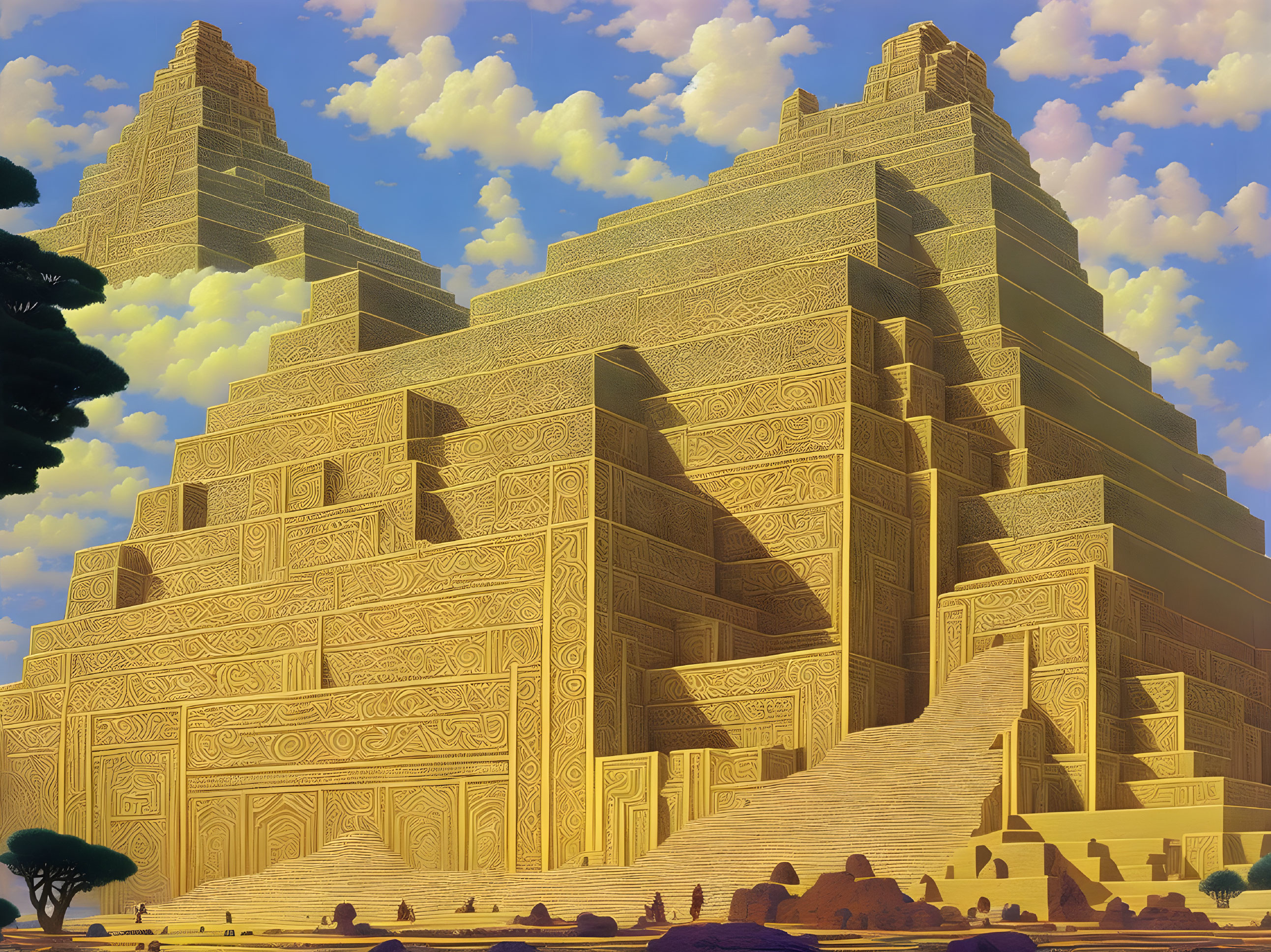 Intricate Golden Pyramid Against Blue Sky