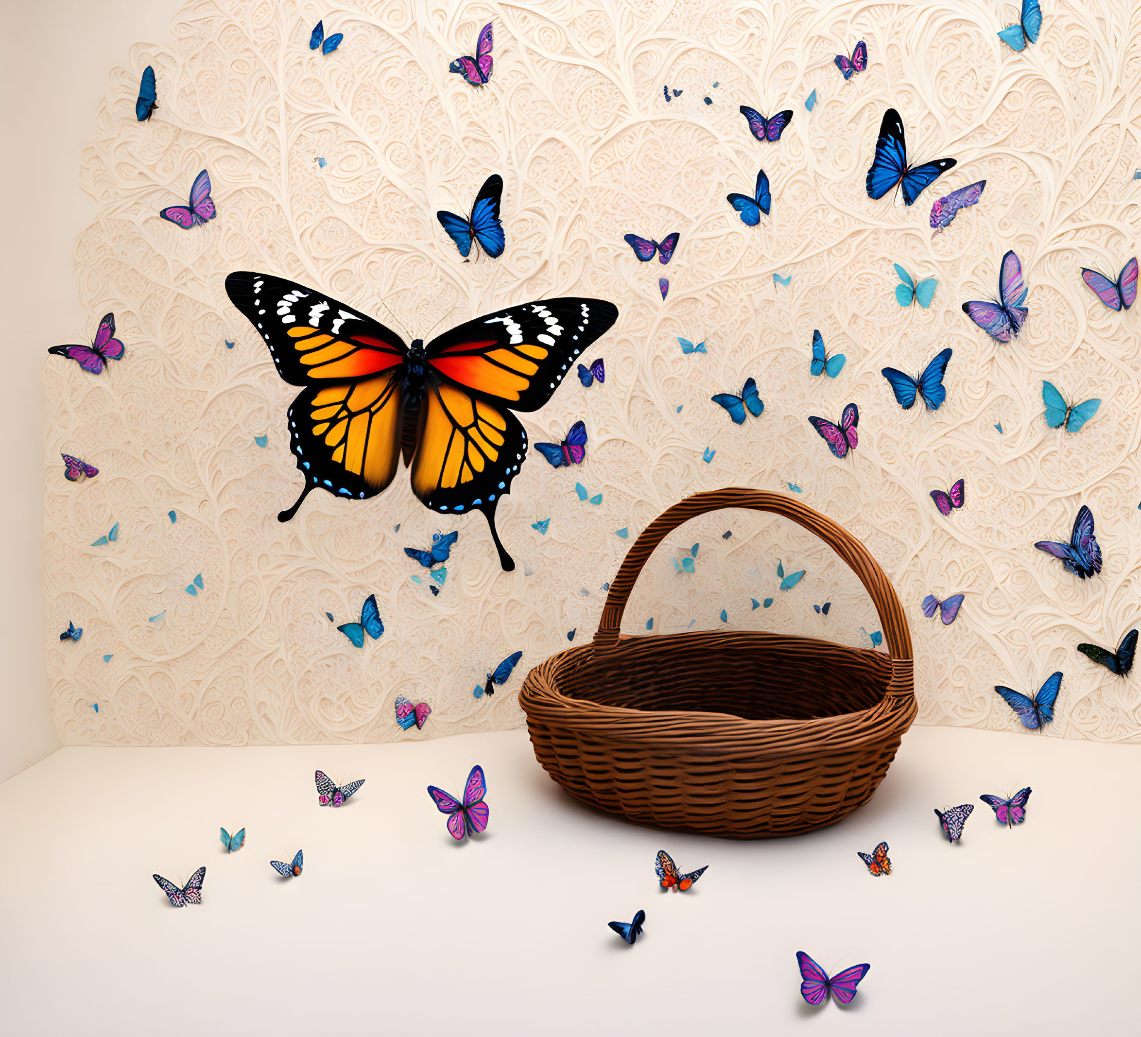 Beige patterned wall with vibrant paper butterflies and wicker basket