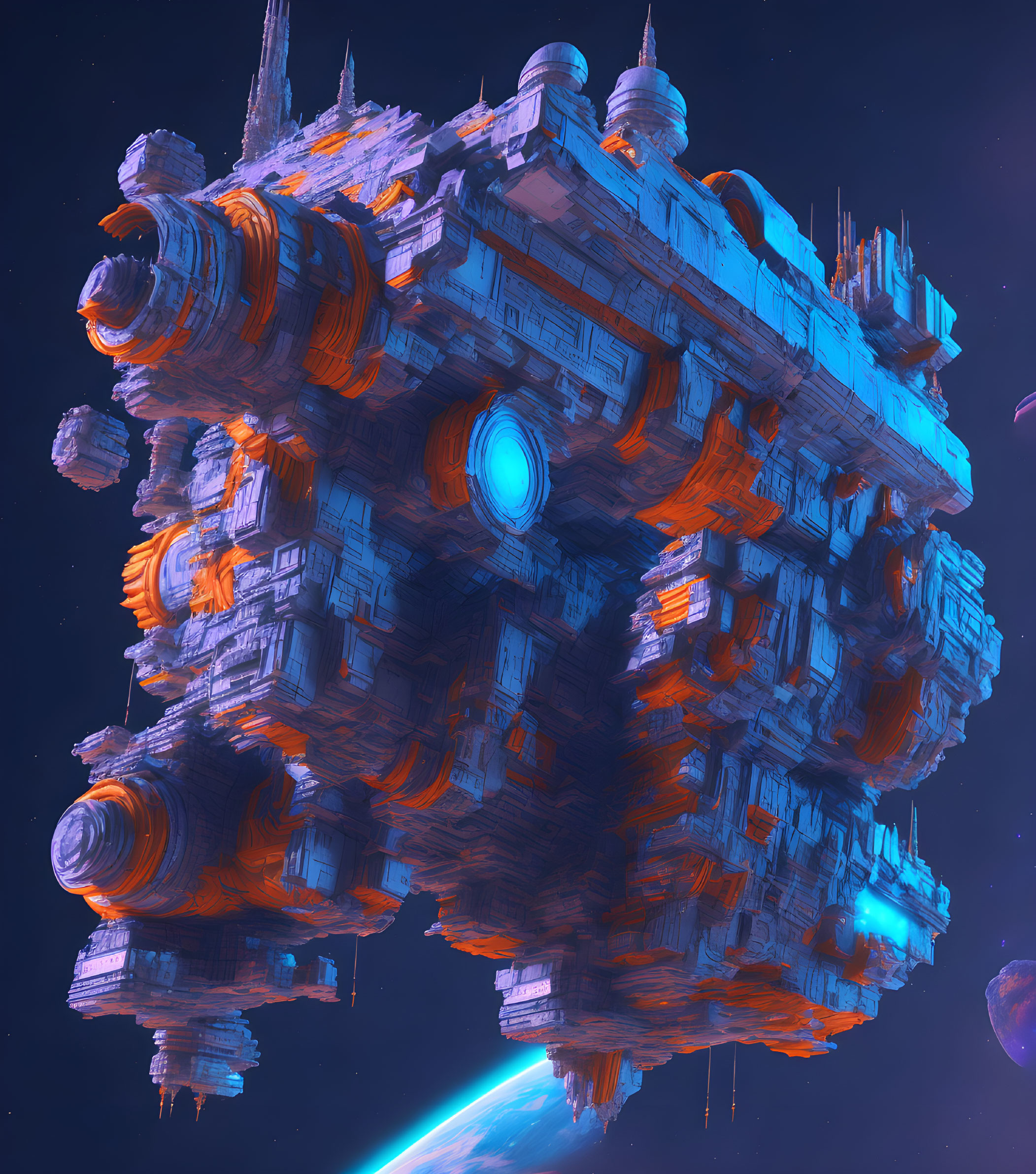 Intricate sci-fi space station with glowing blue thrusters among stars