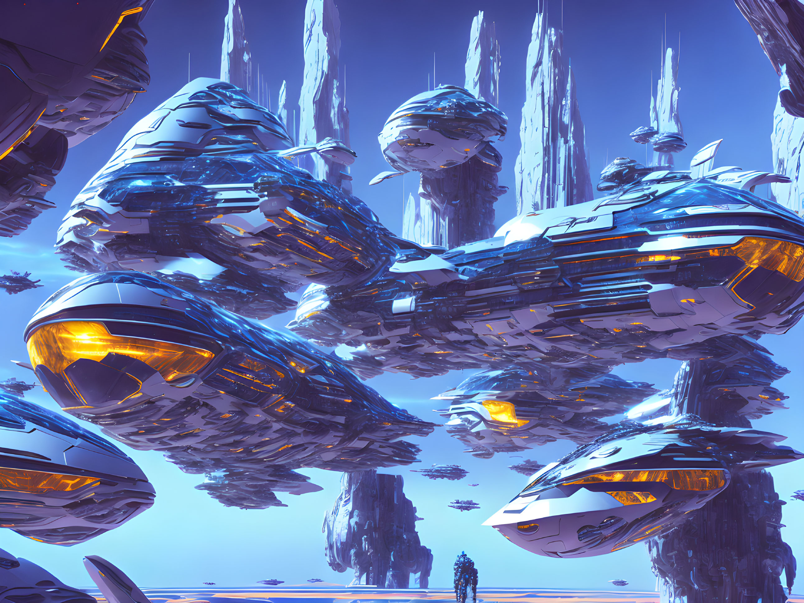 Futuristic scene: sleek spaceships, icy spires, bright sky