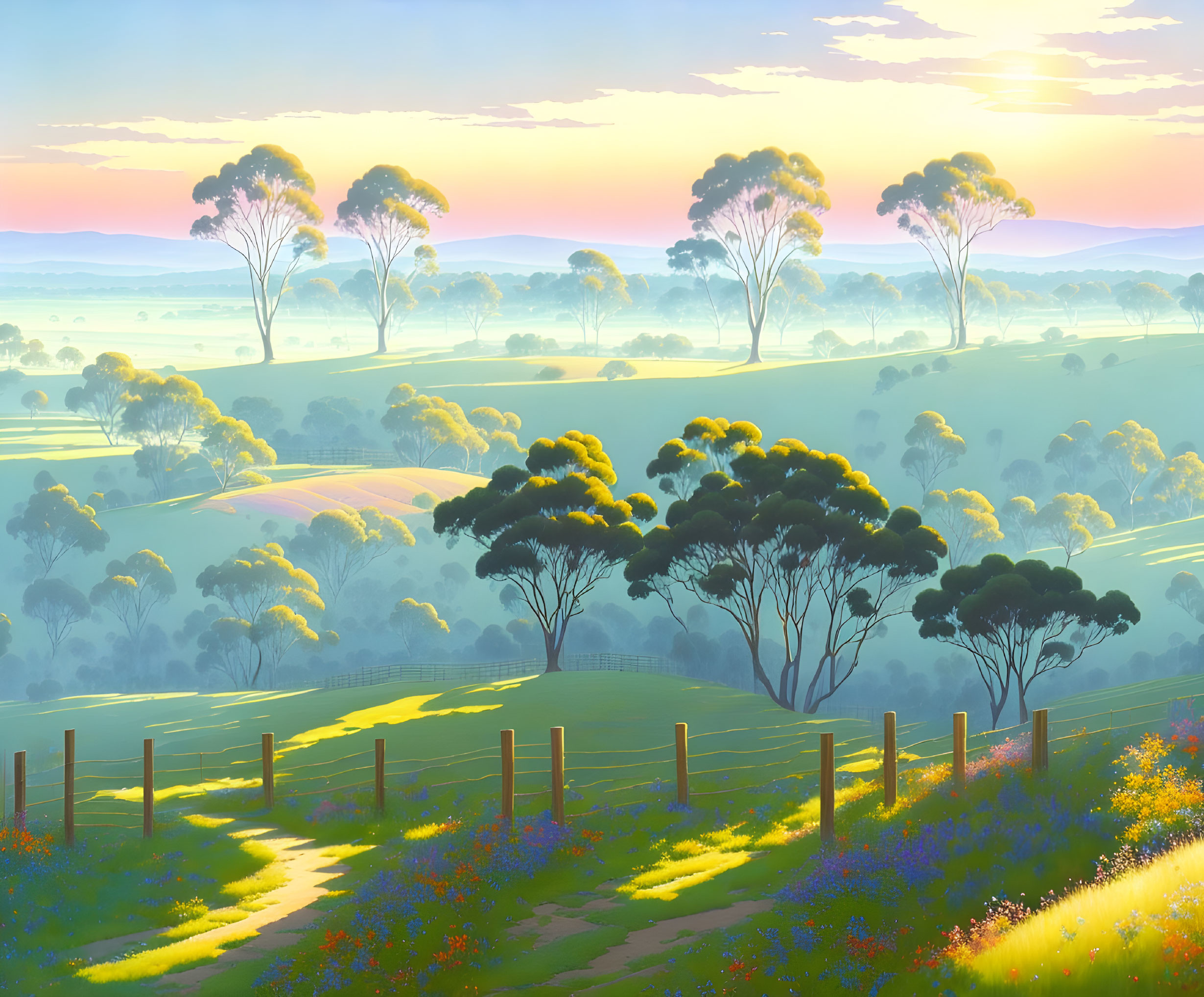 Vibrant sunrise landscape with trees, meadow, and pathway