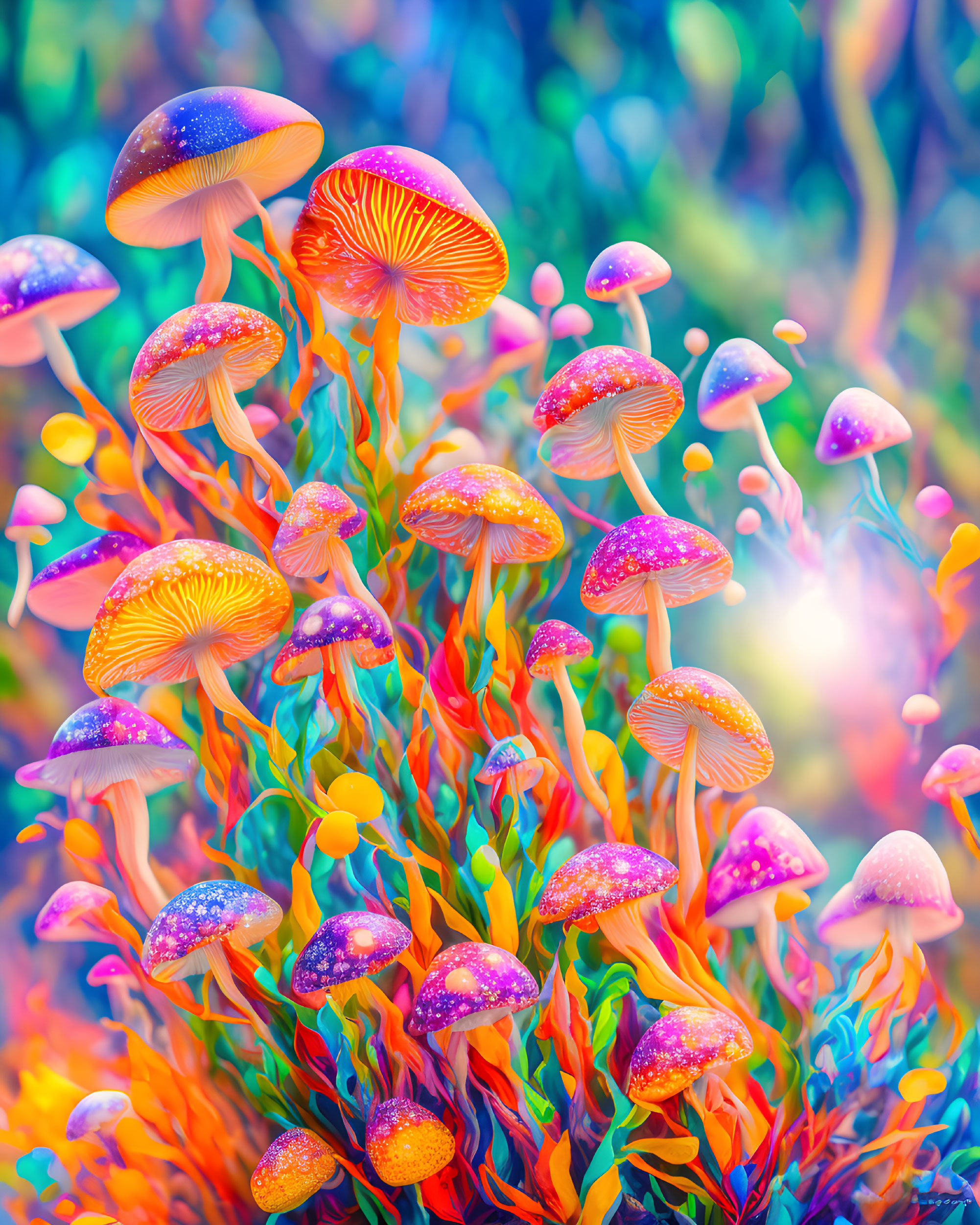 Fantasy-style luminescent mushrooms in vibrant forest setting