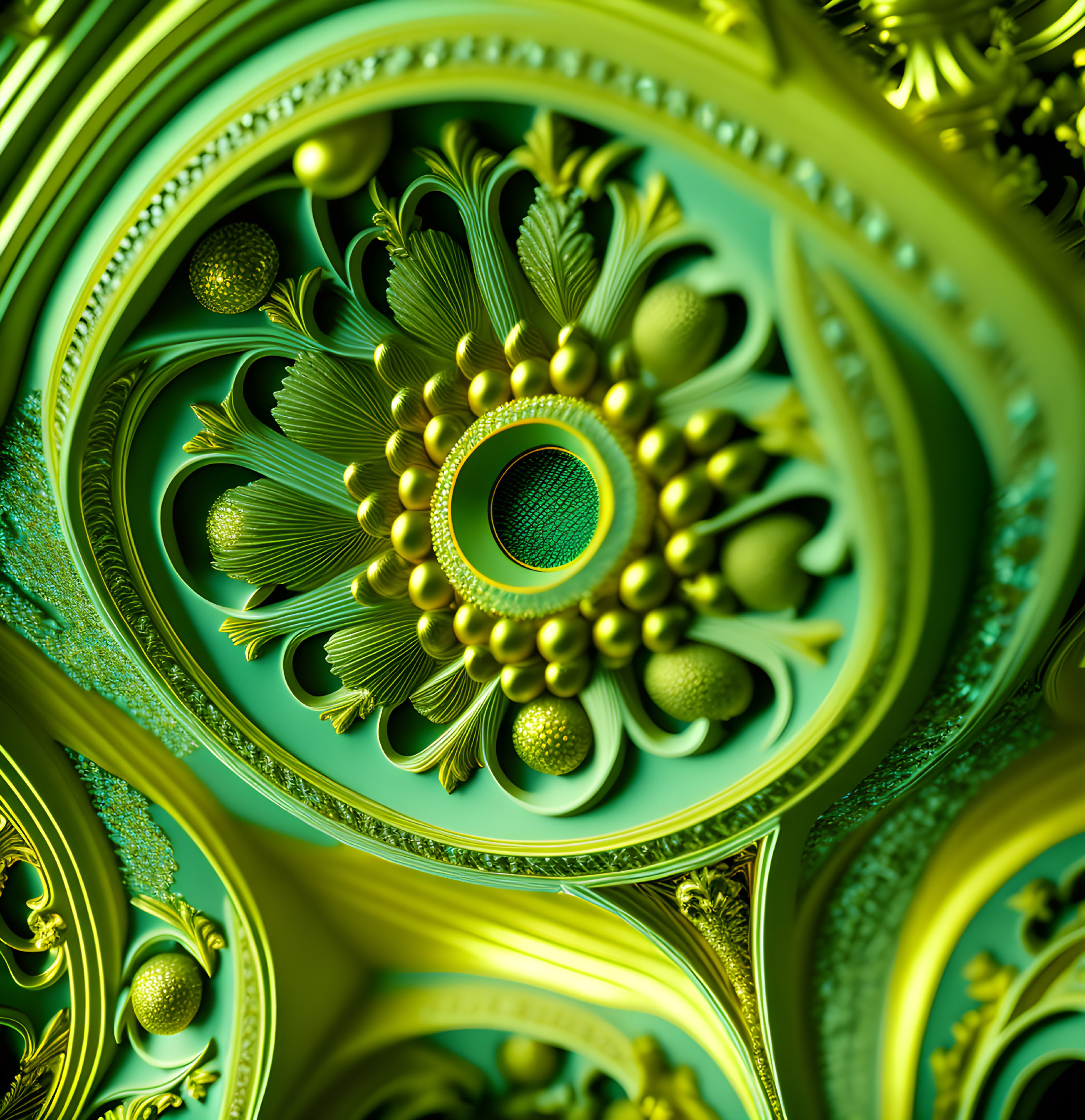 Intricate Green and Gold Fractal Design with Circular Symmetry