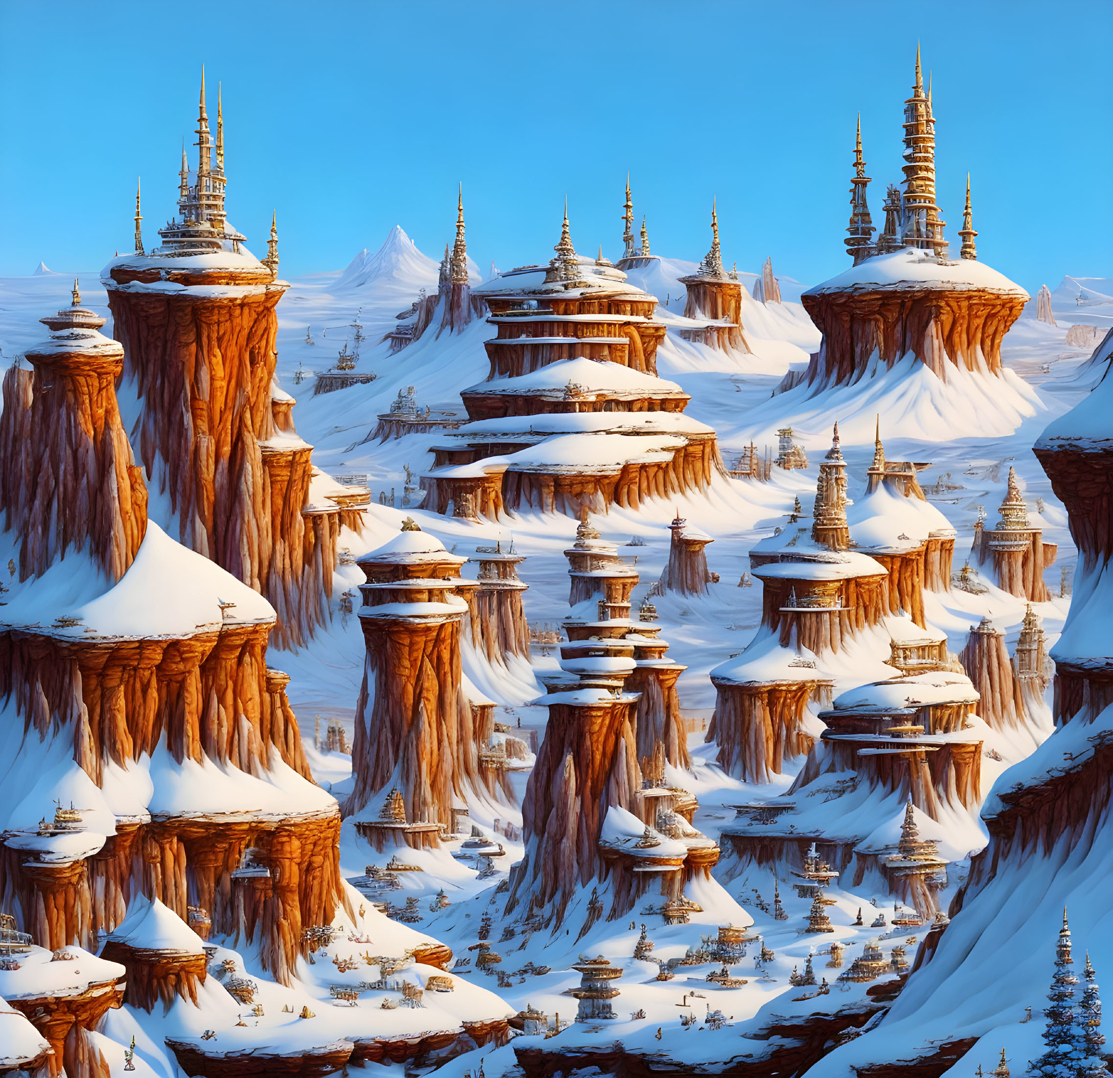 Fantastical winter landscape with spire-topped towers on snowy rock pillars