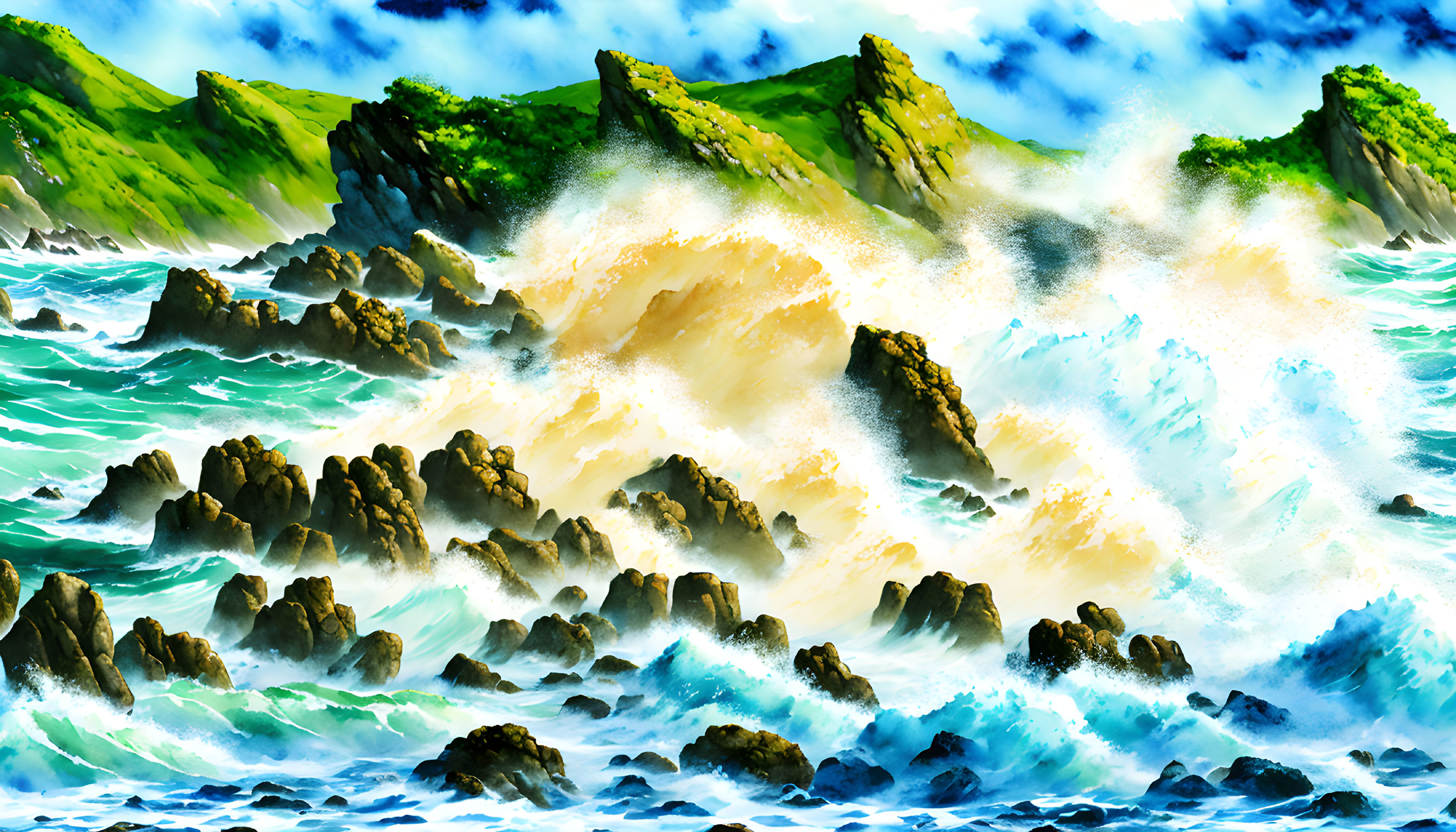 Turquoise waves crash against jagged rocks with lush green cliffs under a bright blue sky