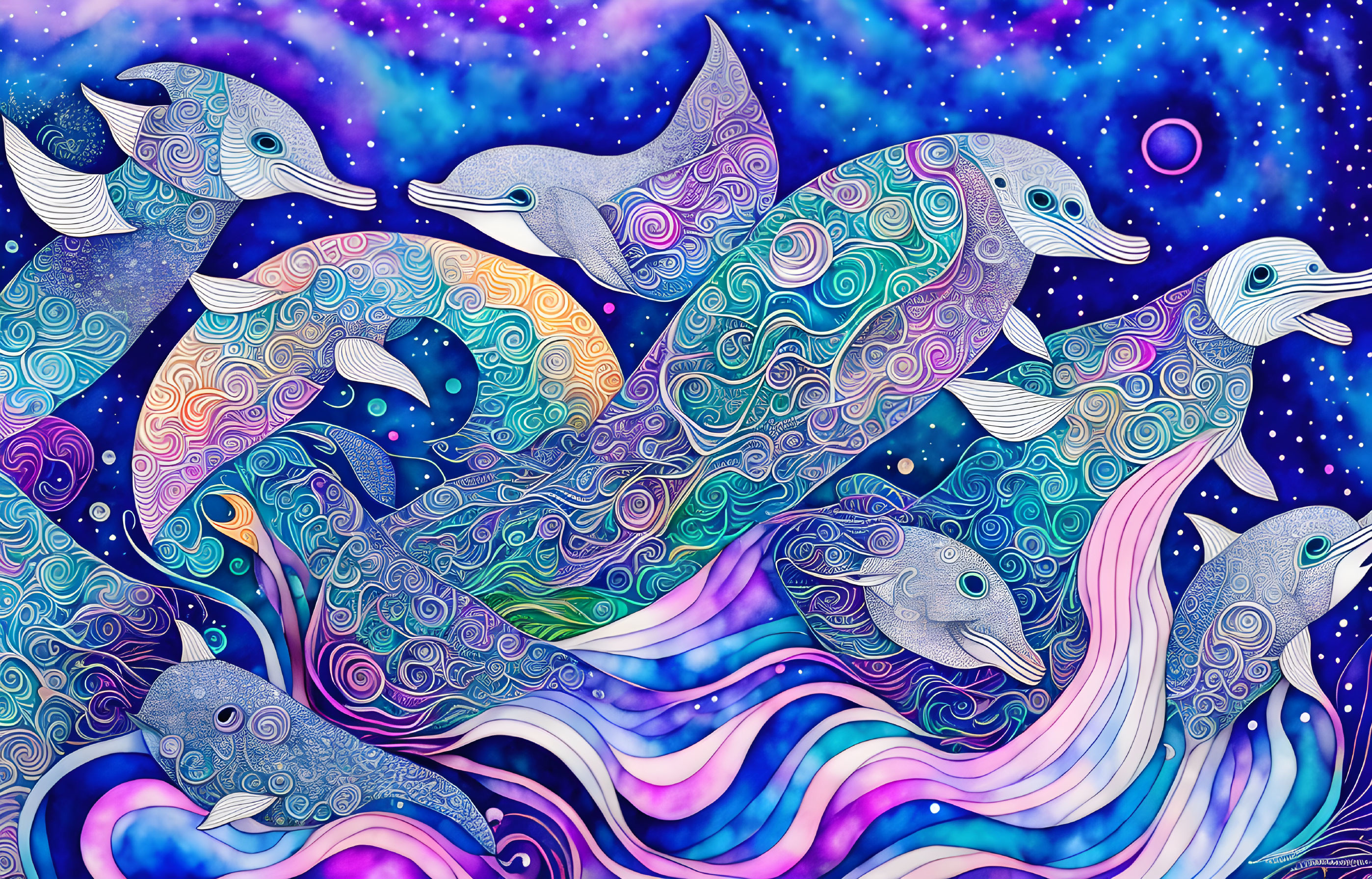 Colorful Dolphin Artwork: Intricate Patterns in Blue and Purple