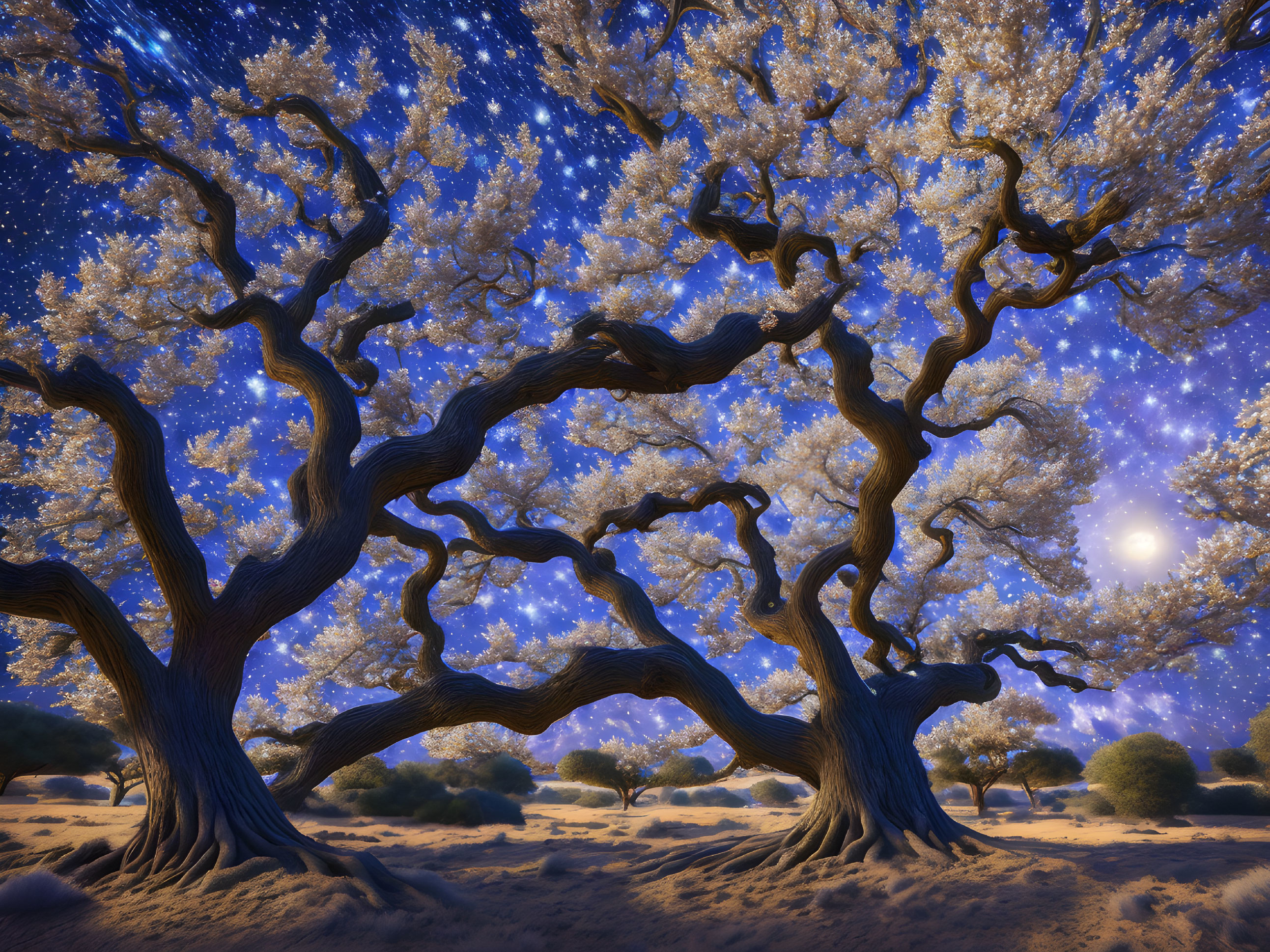 Starry night sky with twisted illuminated trees in desert setting