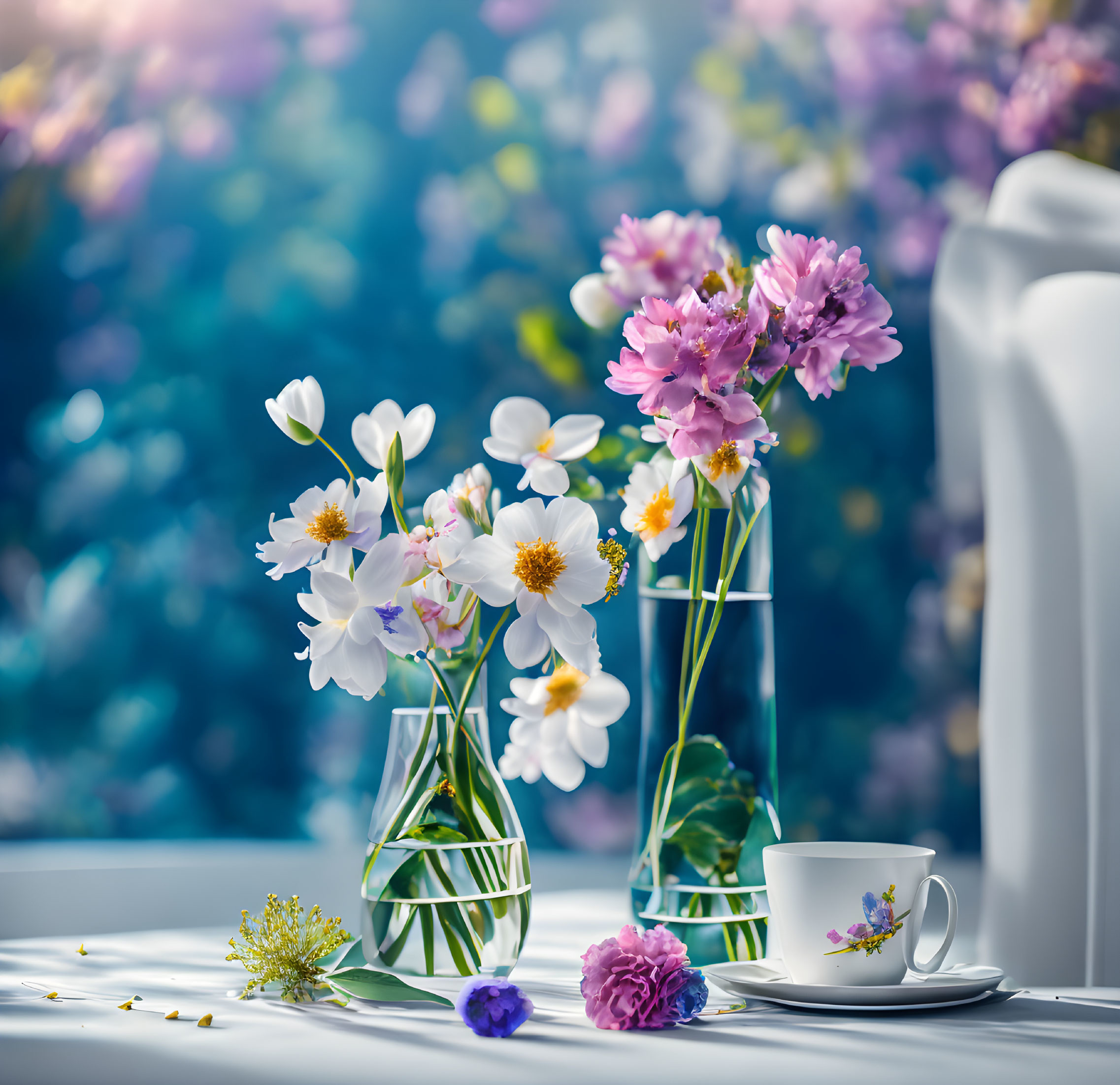 Tranquil scene with fresh flowers and cup on white tablecloth.