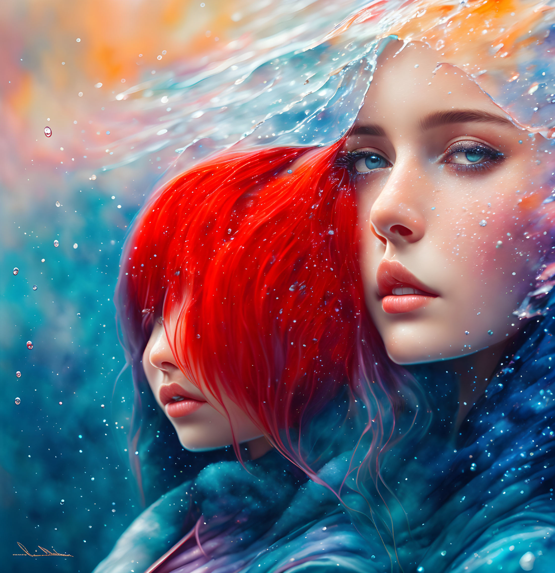 Stylized female figures with red and blue hair intertwined in water droplet details