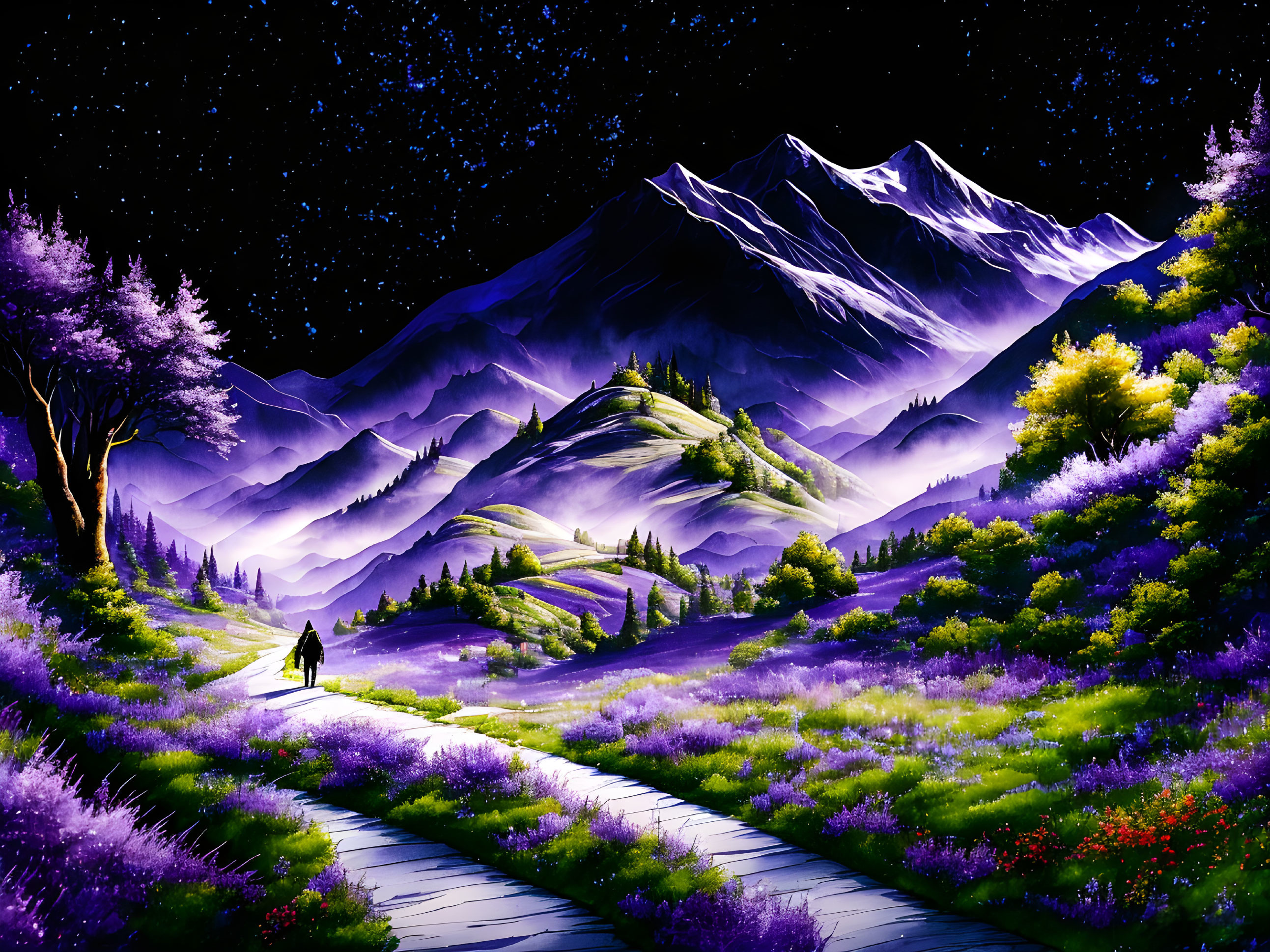 Solitary figure in purple fields under starry sky and mountains