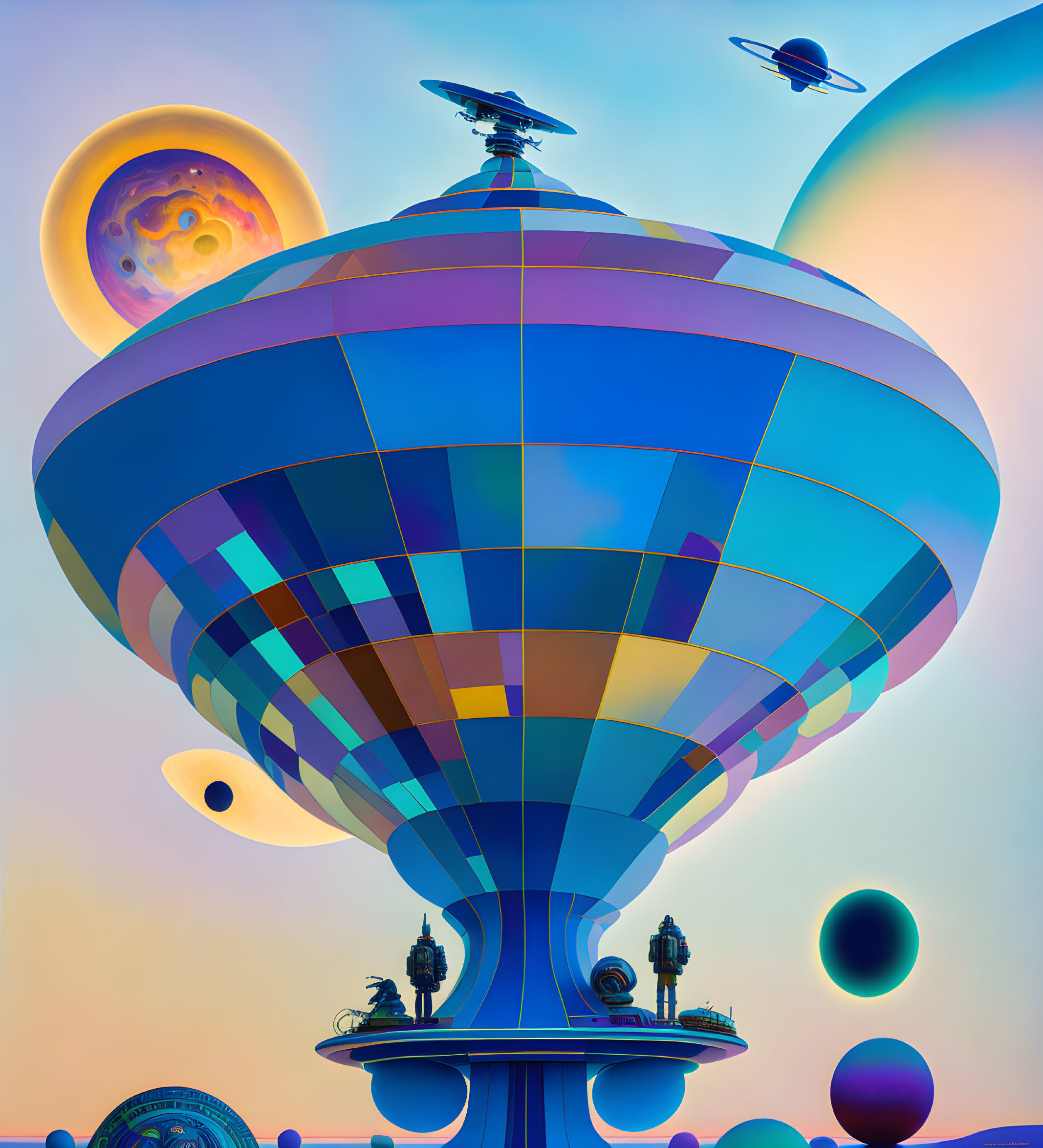 Colorful Futuristic Cityscape with Floating Orbs and Moons