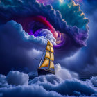 Sailboat navigating stormy sea under swirling cosmic vortex