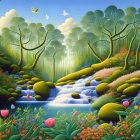 Tranquil landscape with river, wildflowers, greenery, mountains