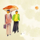 Colorful floral coats: Two people sharing umbrella on rainy day