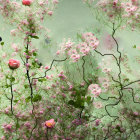 Woman in lush garden with flowers, trees, and butterflies