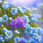 Colorful blue and purple flowers with yellow centers and water droplets on a soft background