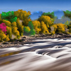 Vibrant orange foliage and grey boulders in serene forest scene