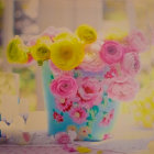 Colorful Flowers in Blue Vase with Sunlit Patterns on Golden Table