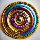 Detailed Golden Pocket Watch with Mandala-Like Design in Purple and Green