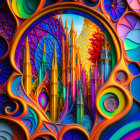 Colorful digital art with intricate patterns and floral motifs in stained glass style