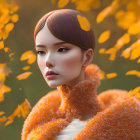 Stylized woman portrait in burnt orange turtleneck against autumn leaves.