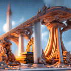 Golden ornate futuristic cityscape against blue sky